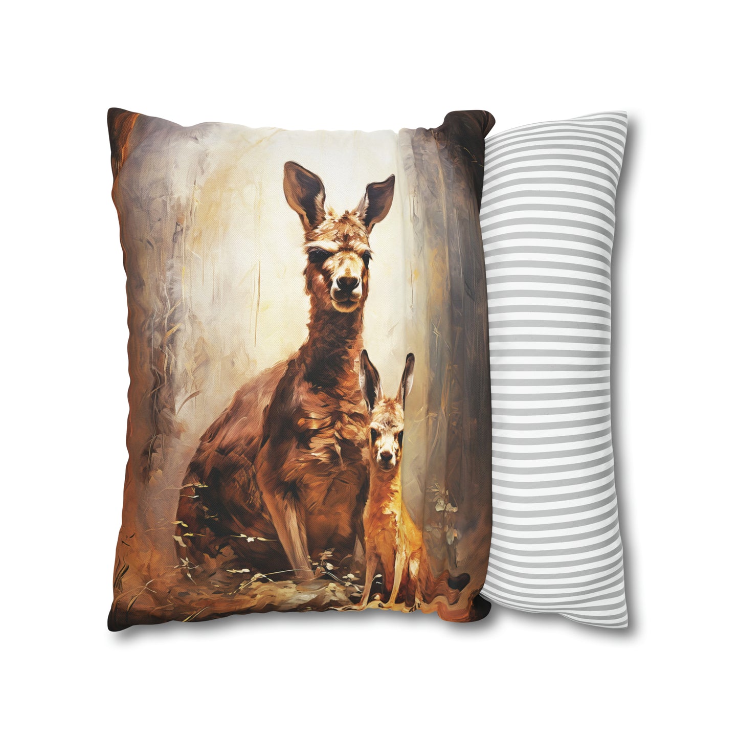 Square Pillow Case 18" x 18", CASE ONLY, no pillow form, original Art ,Colorful, A Mother Kangaroo with Her Joey in the Forest