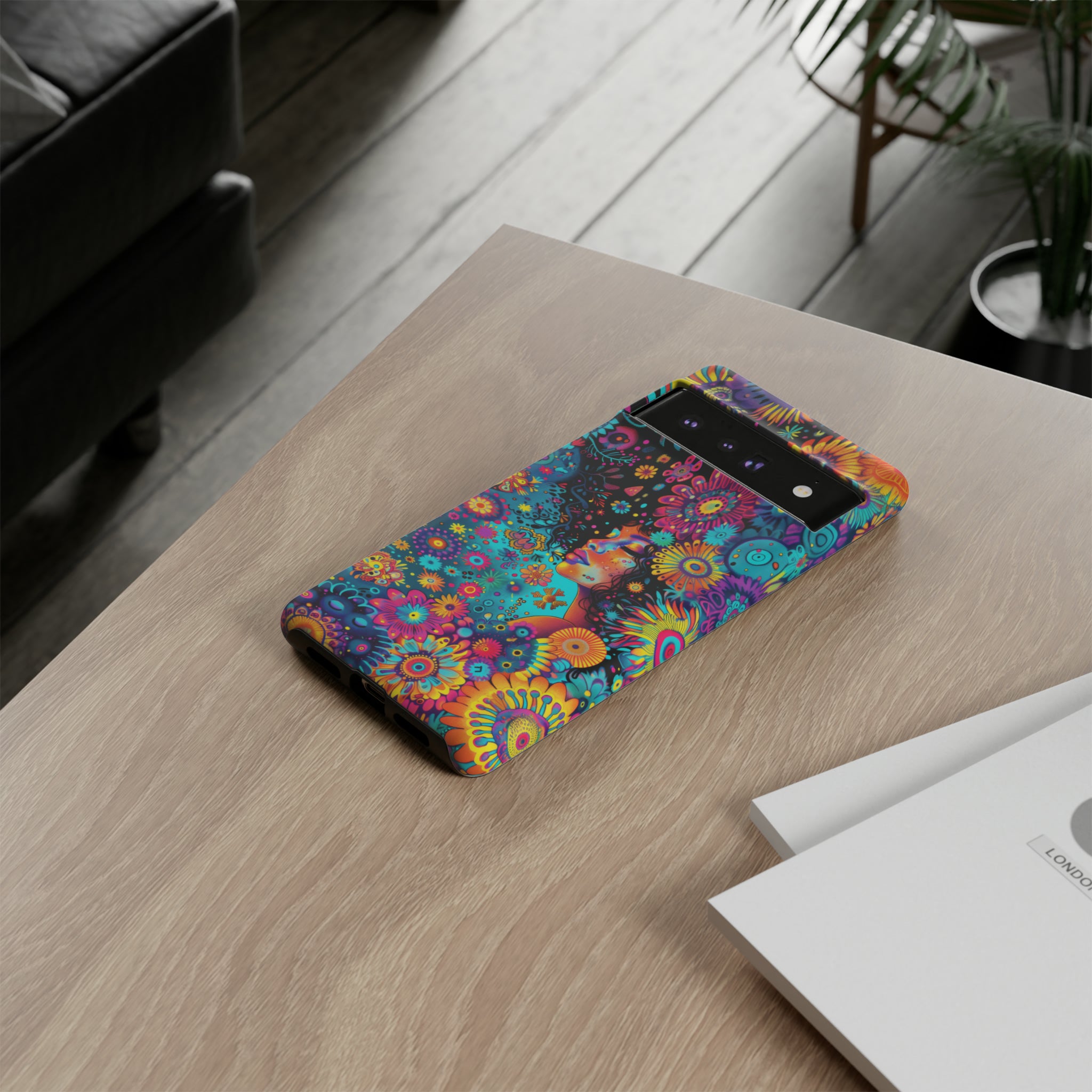 Phone Case, 1970's inspired flower girl, Artistic design, Tough Case, Colorful whimsical flower fantasy design, iPhone 15, 14, 13, 12, 11, Samsung, Pixel