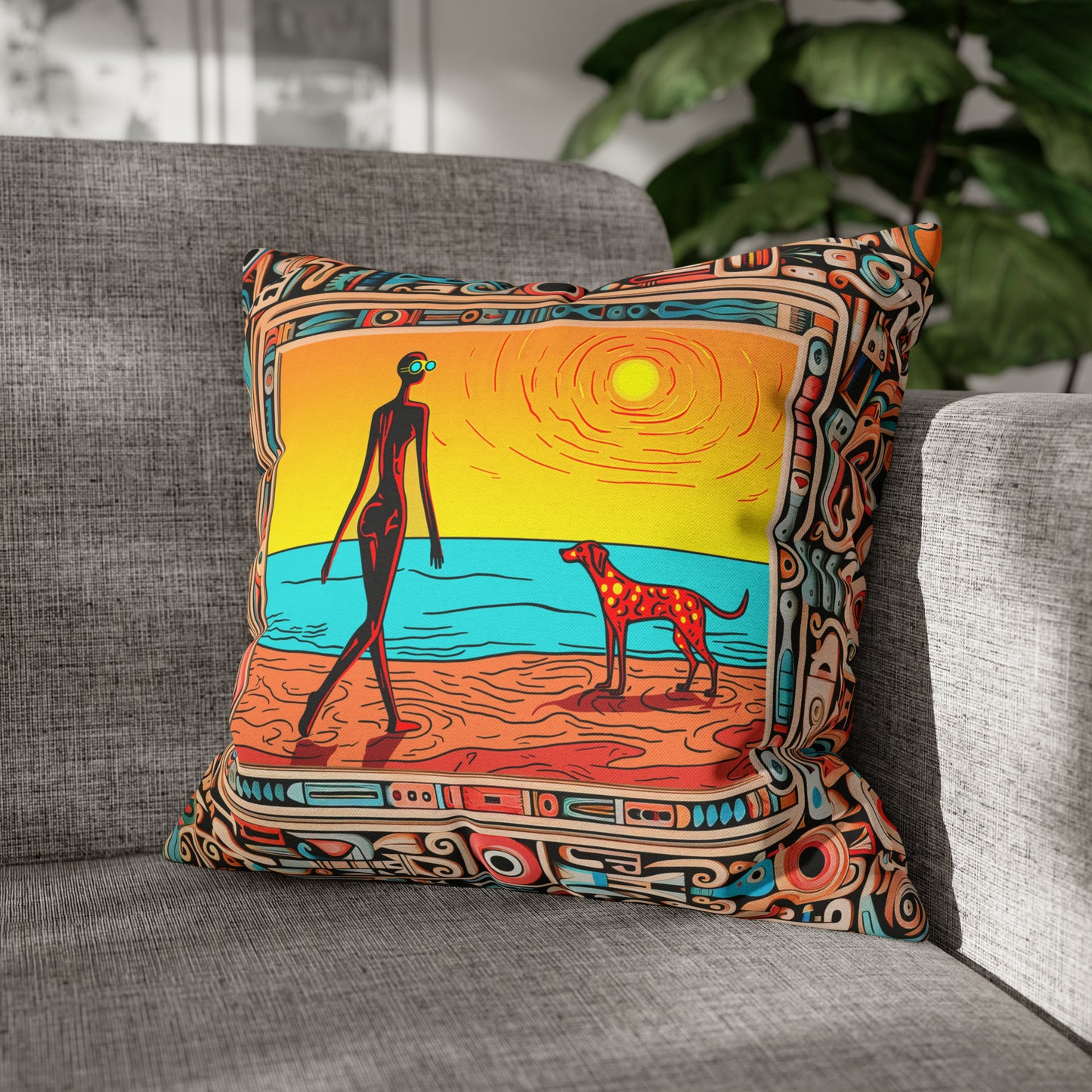 Square Pillow Case 18" x 18", CASE ONLY, no pillow form, original Pop Art Style, Alien & her Spotted Dog at the Beach, In a Frame