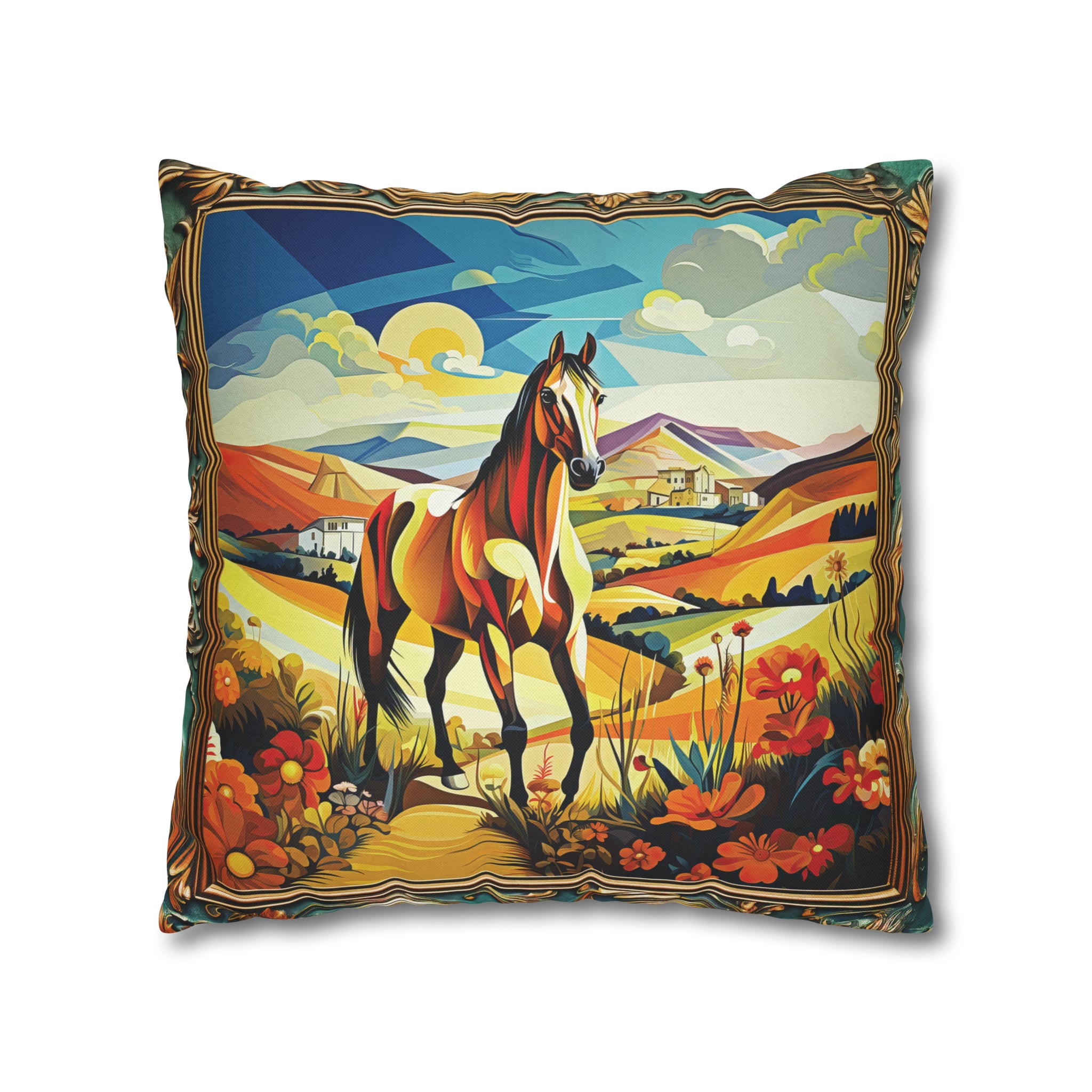 Square Pillow Case 18" x 18", CASE ONLY, no pillow form, original Art ,Colorful, A beautiful Golden Horse on a Golden Landscape with a Village in the Distance