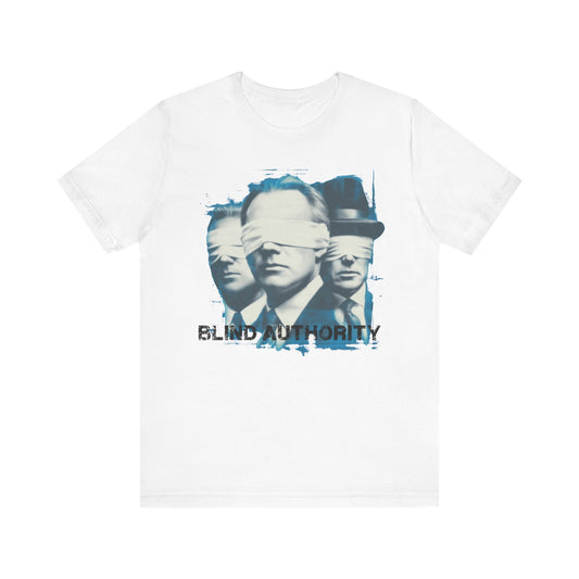 Blind Authority Graphic Tee – Concept Art Shirt, Blindfolded Men, Political Satire, Retro Pop Art, Streetwear Commentary