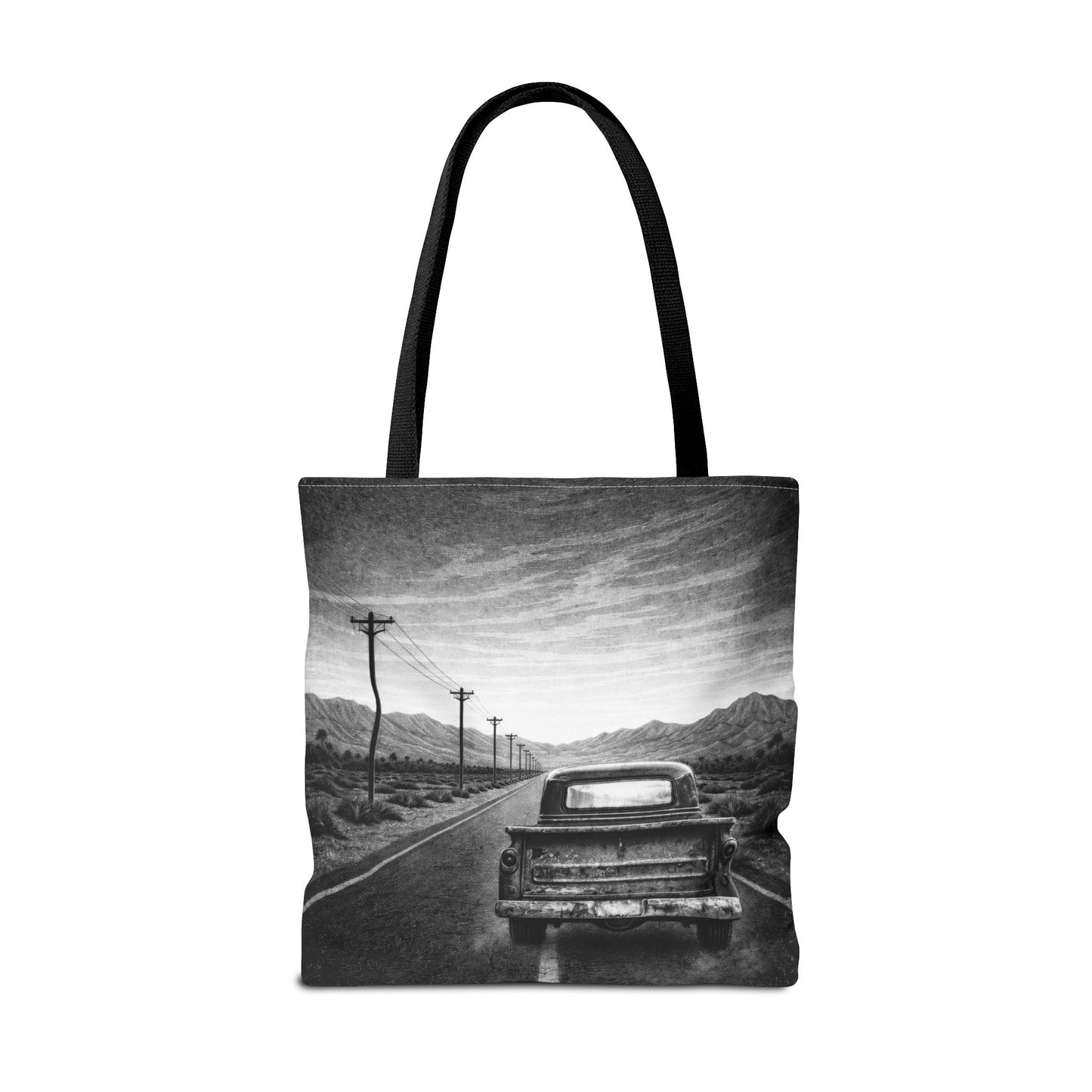 Vintage Road Trip Tote Bag — Black & White Classic Vintage Truck Travel Scene