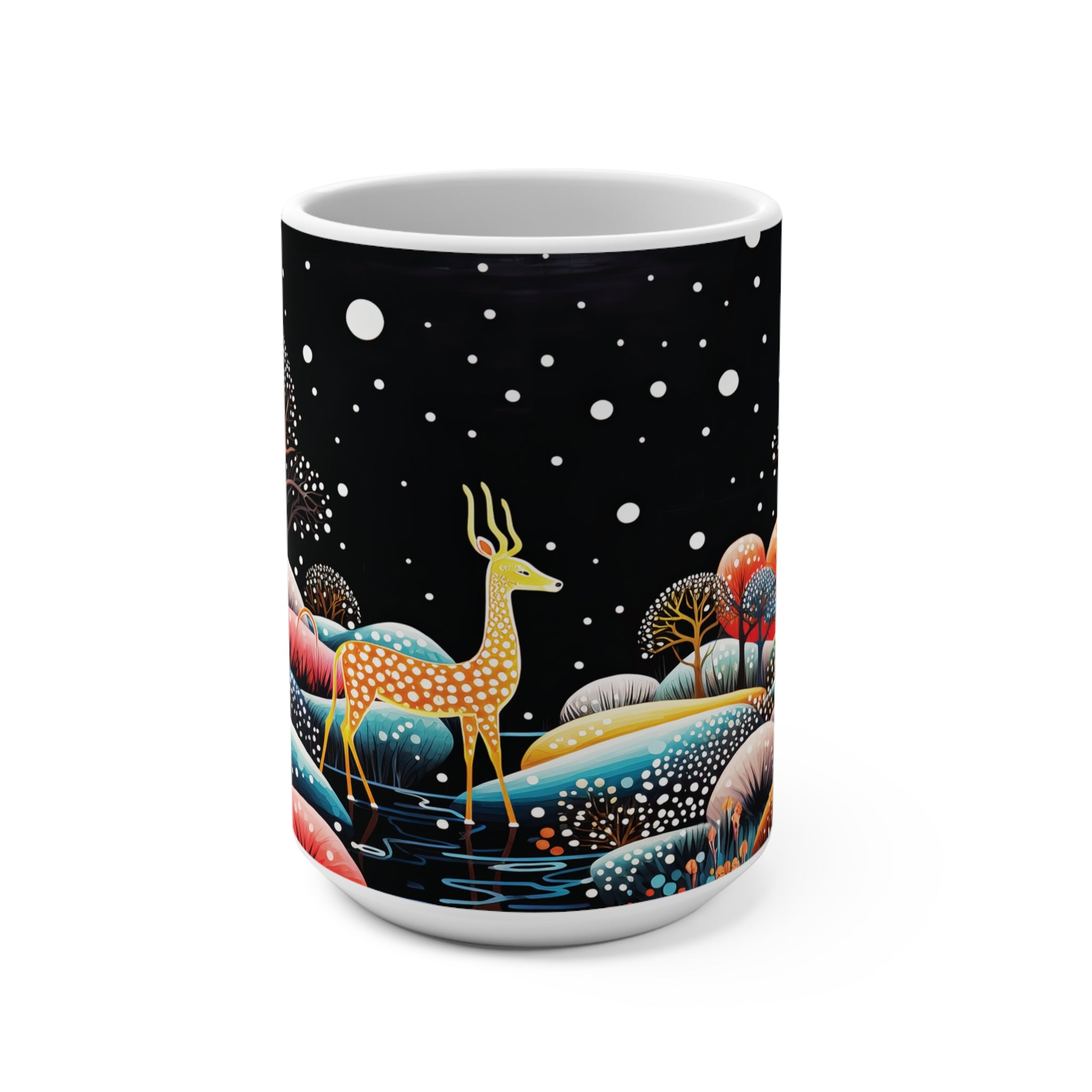 Mug 15oz Yellow Deer in a Winter Night Forest
