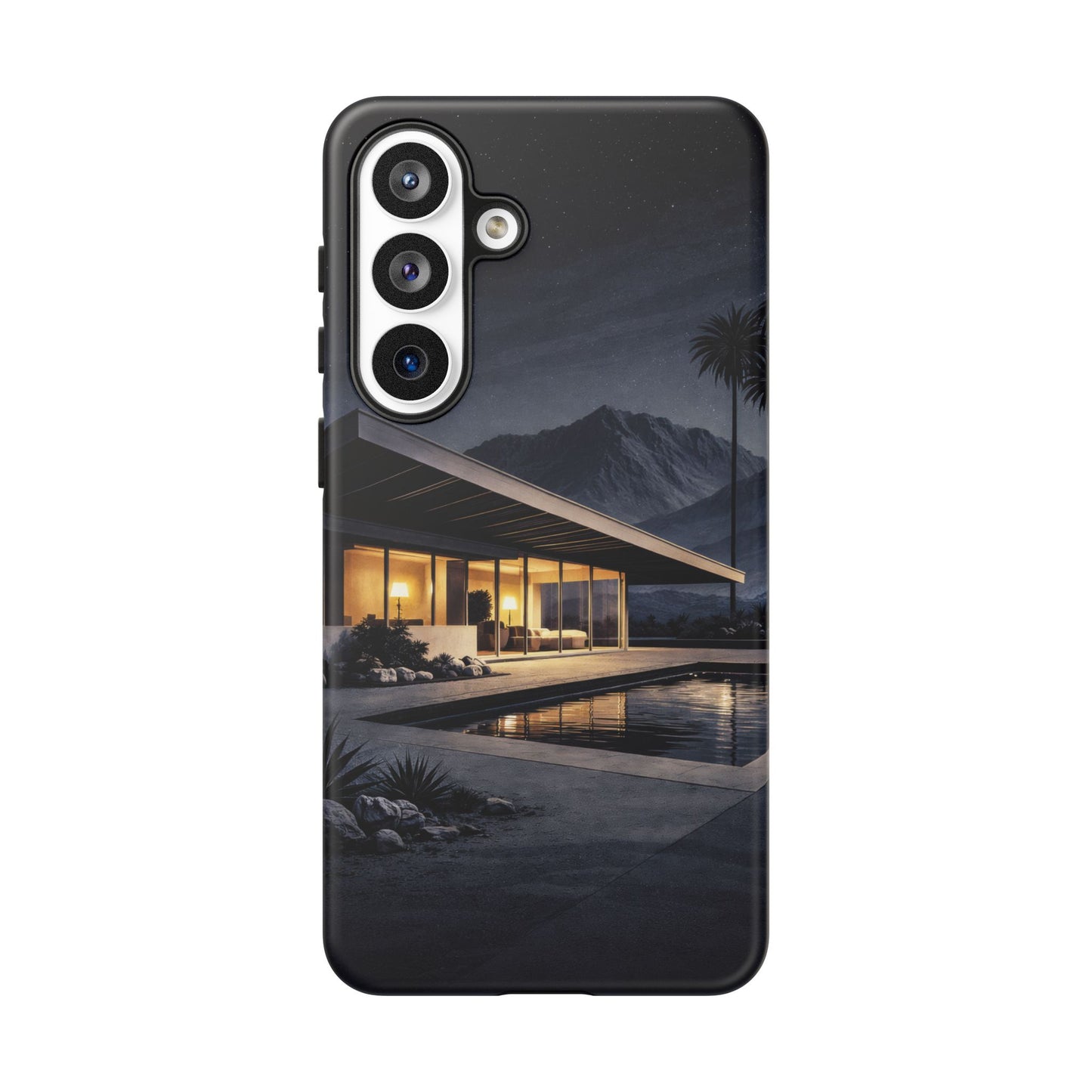 Modern Palm Springs House Phone Case — Mid-Century Poolside Evening Scene