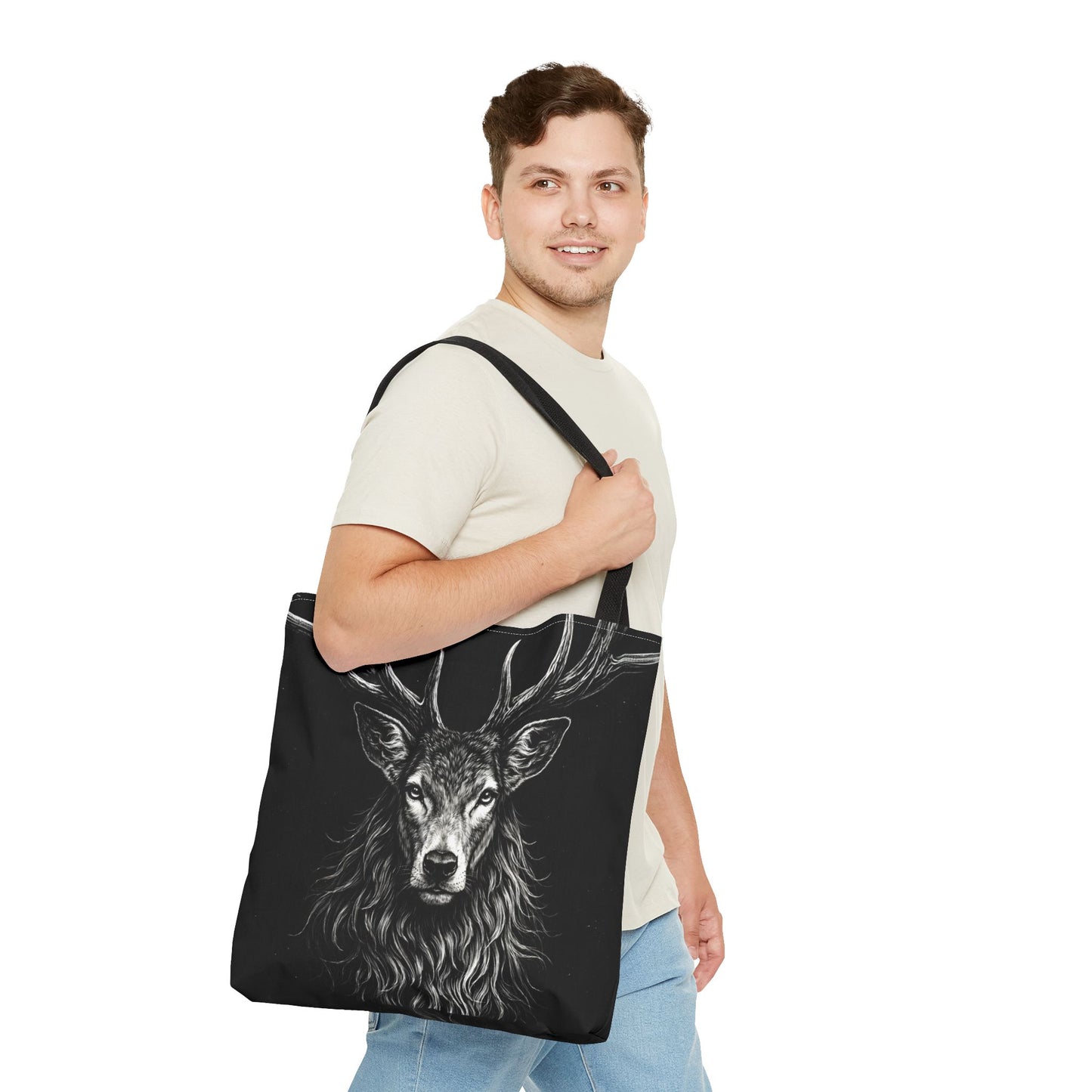 Stag Portrait Drawing Tote Bag - Dark Deer Illustration Canvas Tote