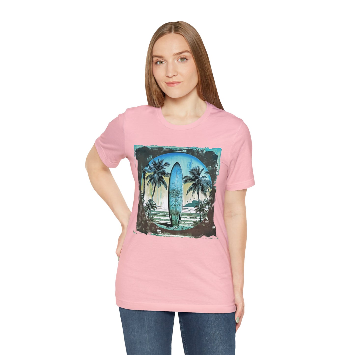 Blue board on the beach Unisex Jersey Short Sleeve Tee