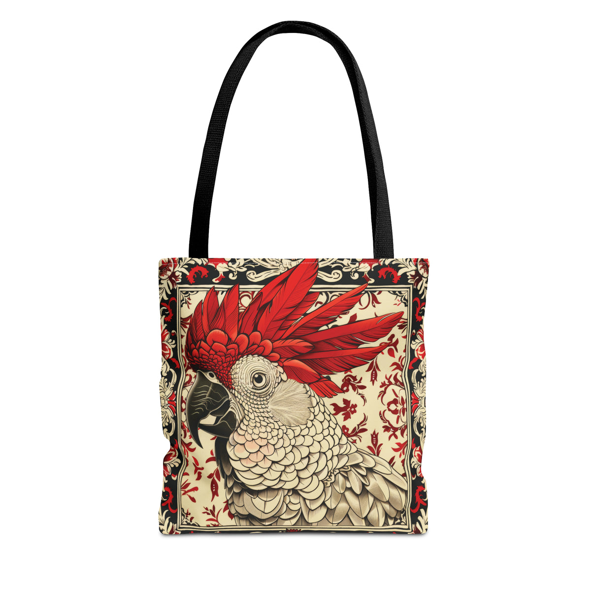 Canvas Tote Bag, vintage inspired cockatoo design, vibrant artistic accessory, whimsical all over print bag, three sizes