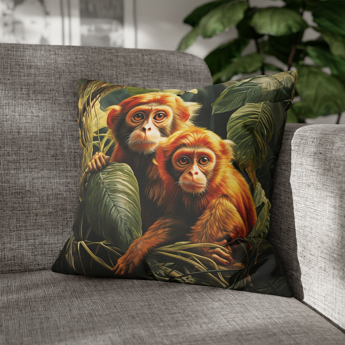 Square Pillow Case 18" x 18", CASE ONLY, no pillow form, original Art ,Colorful, a Mother Monkey and Her Infant on a Branch in the Jungle