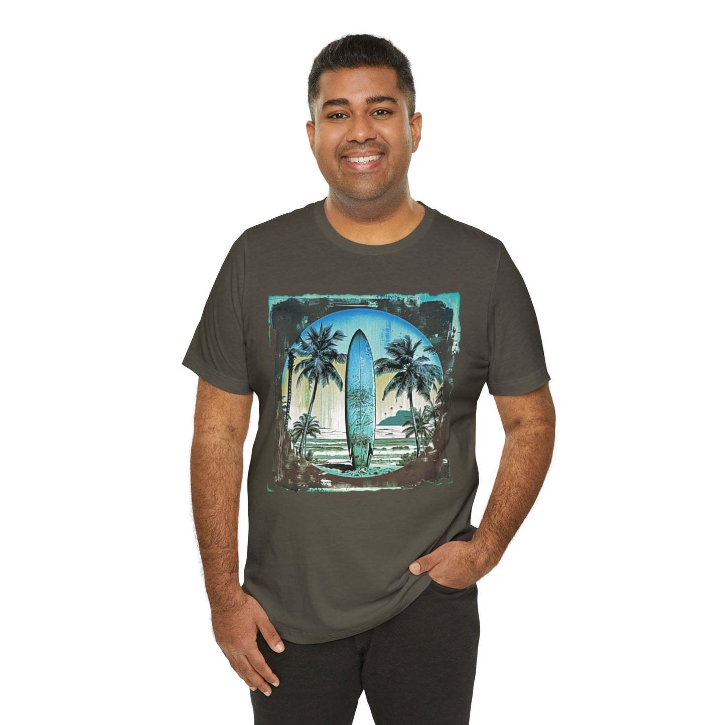 Blue board on the beach Unisex Jersey Short Sleeve Tee