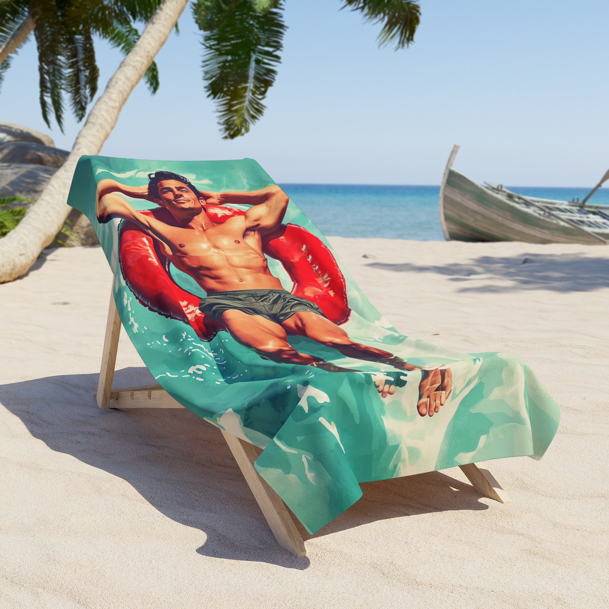 Man on a red pool float Beach Towel 36" x 72"