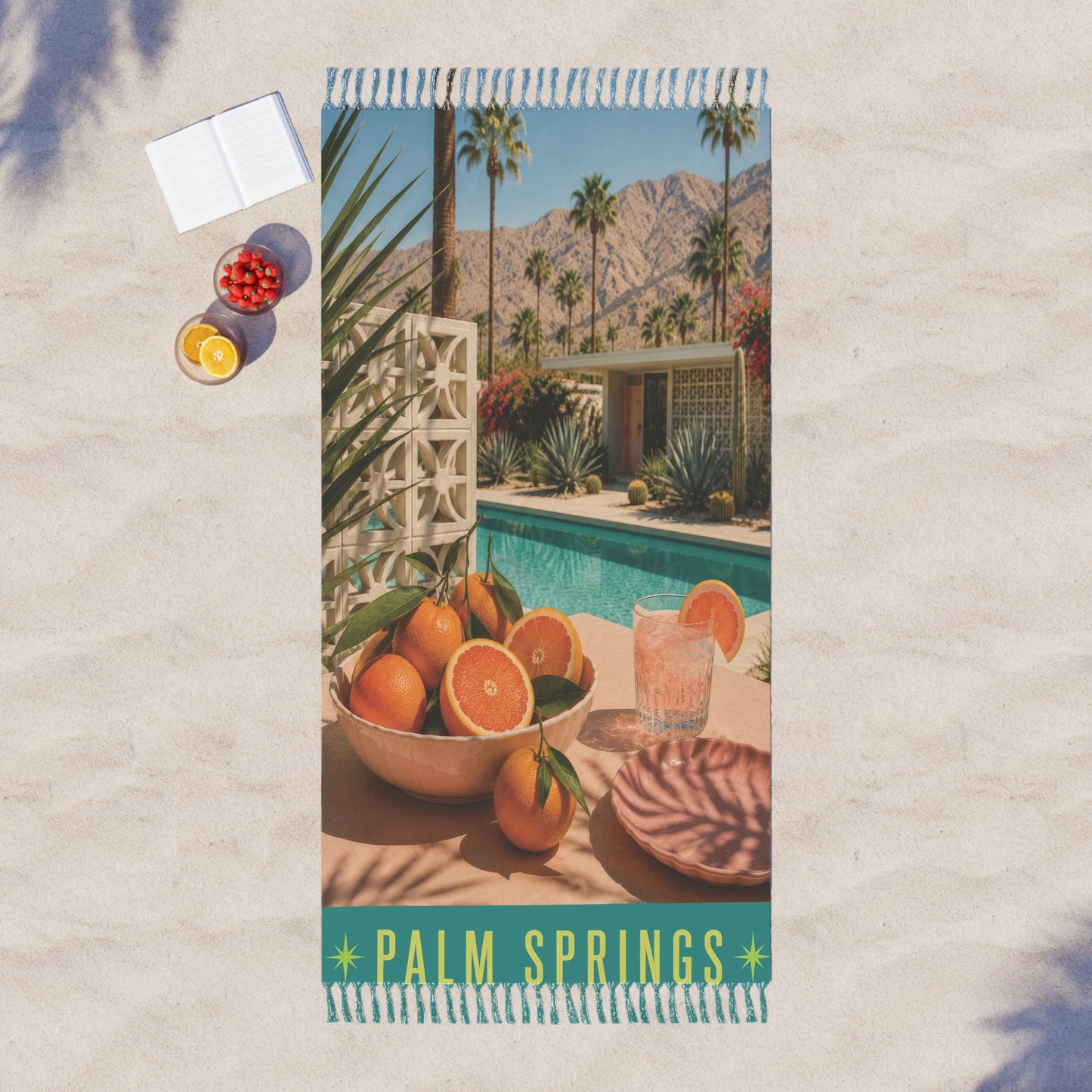 Palm Springs Boho Beach Towel — Retro Midcentury Poolside Orange Design