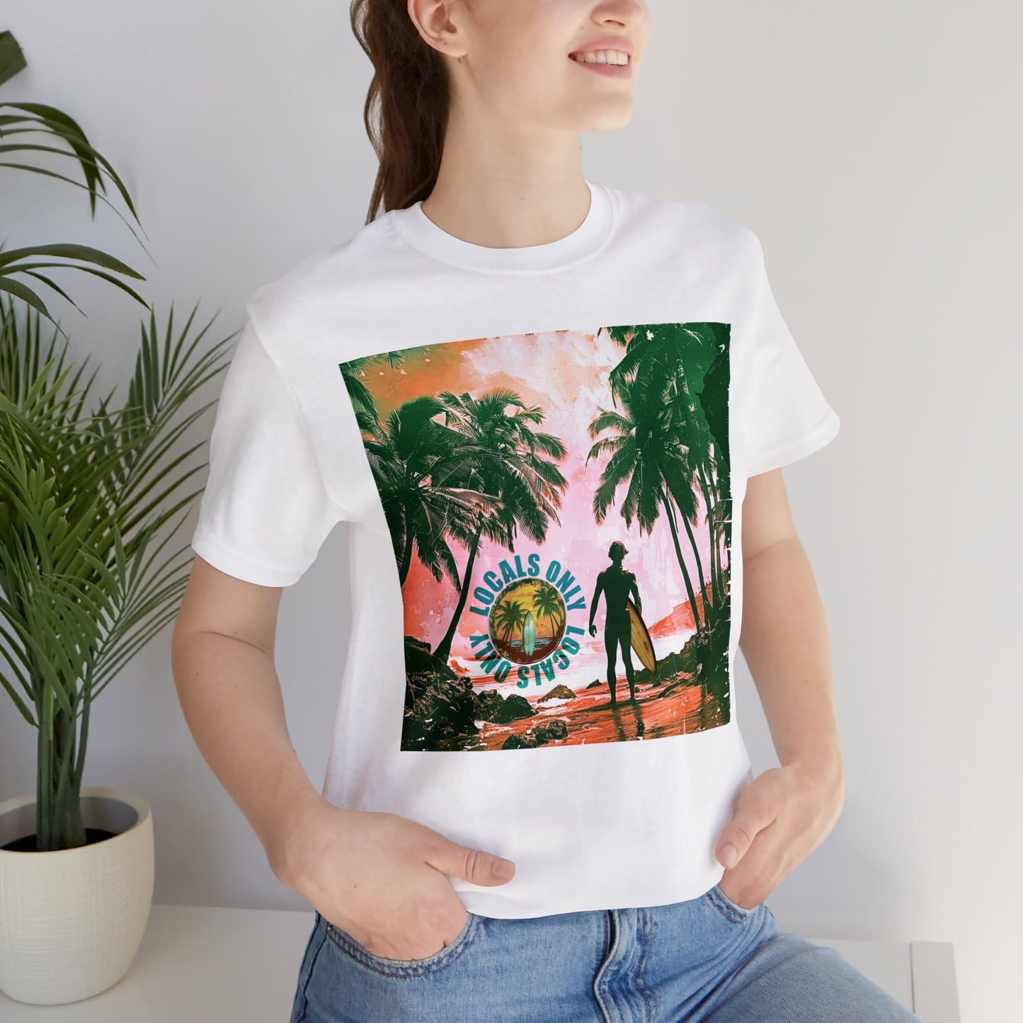 Beach scene with Locals Only stamp Unisex Jersey Short Sleeve Tee