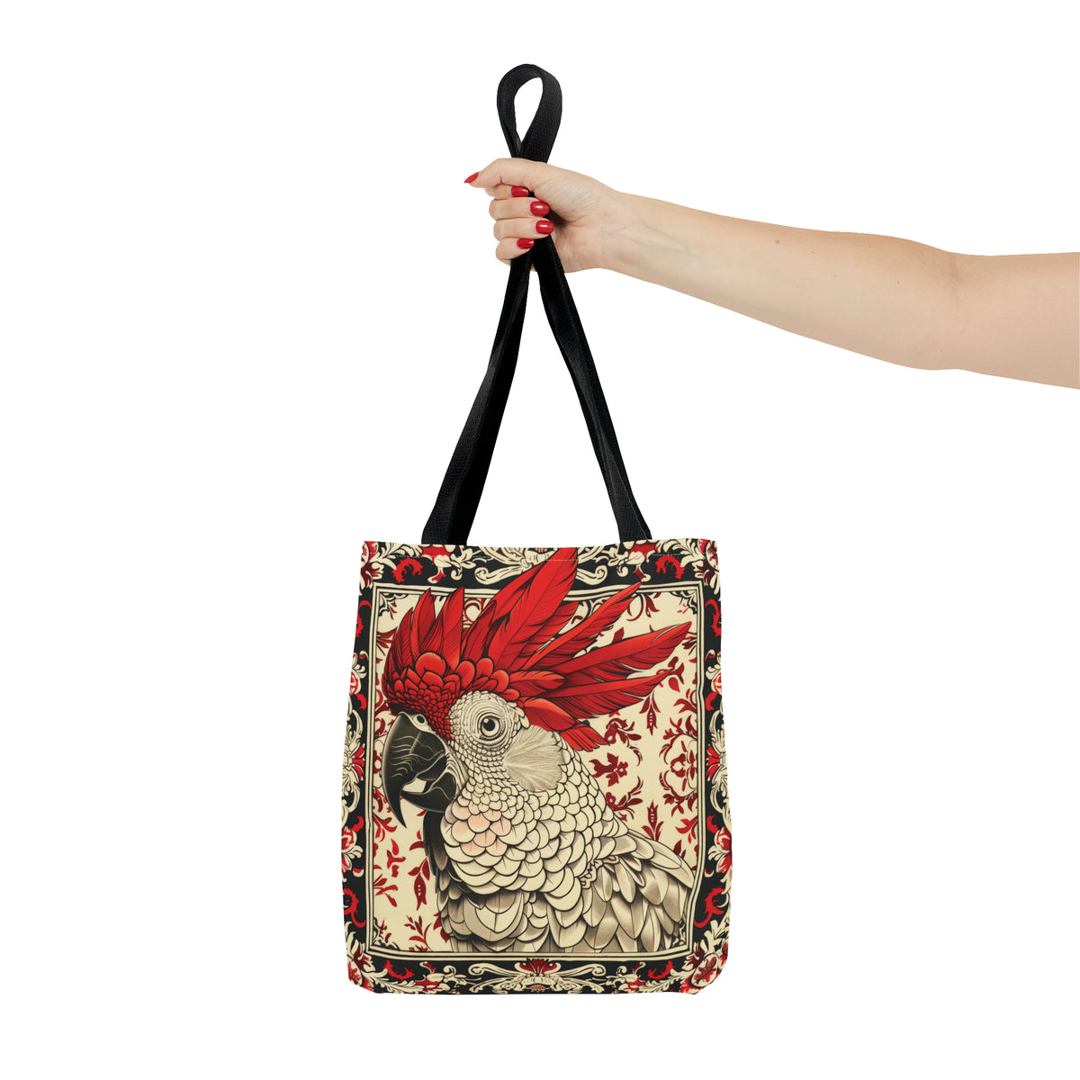 Canvas Tote Bag, vintage inspired cockatoo design, vibrant artistic accessory, whimsical all over print bag, three sizes
