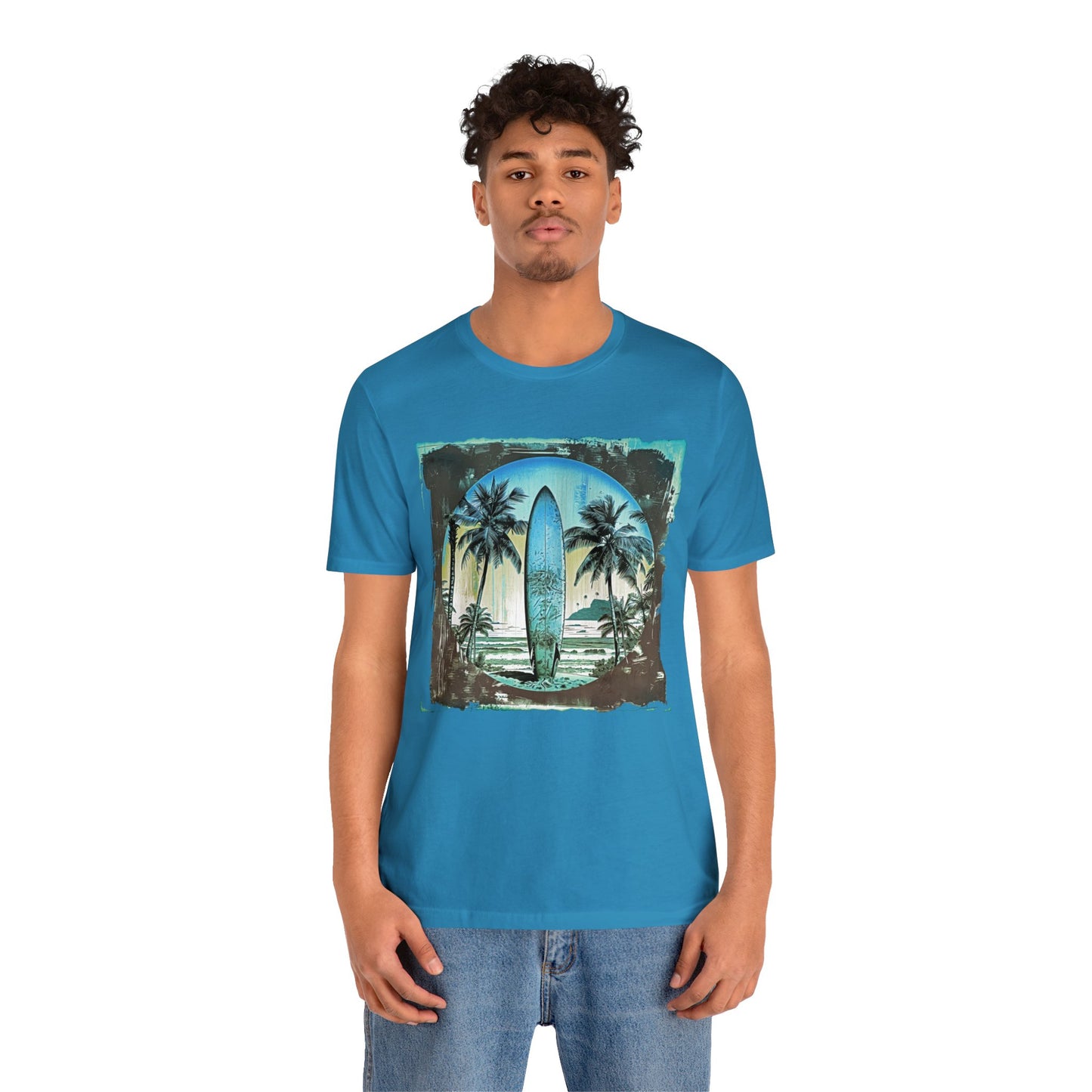 Blue board on the beach Unisex Jersey Short Sleeve Tee