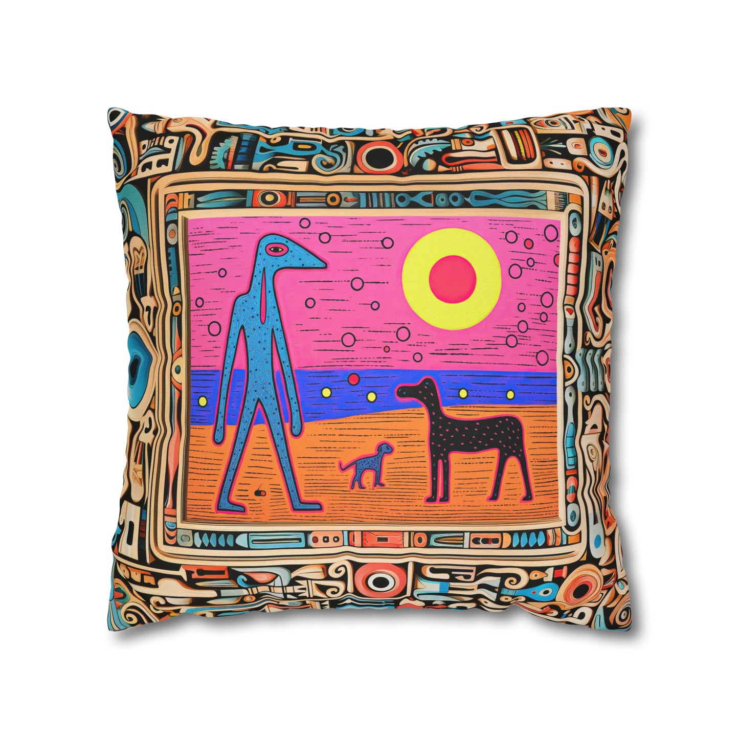 Square Pillow Case 18" x 18", CASE ONLY, no pillow form, original Pop Art Style, Blue Alien on the beach with his Dogs, Framed