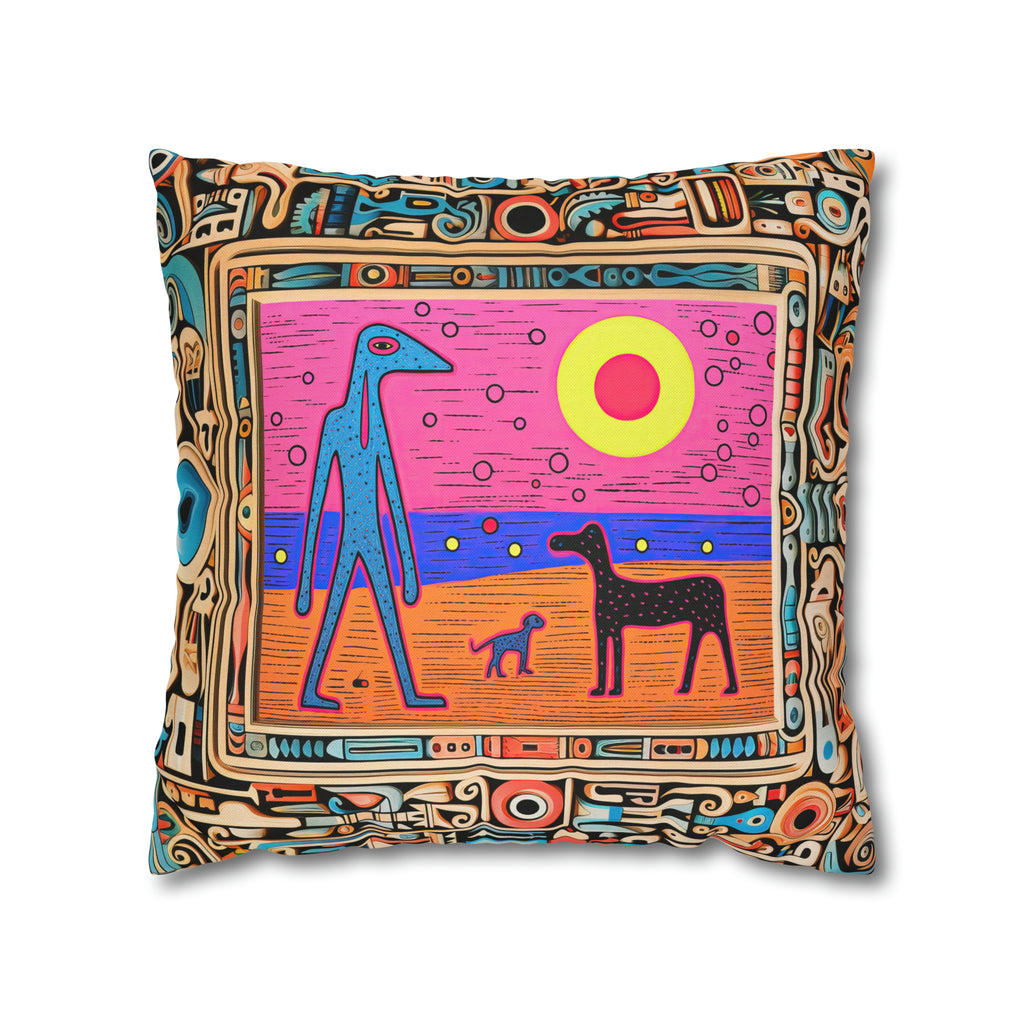 Square Pillow Case 18" x 18", CASE ONLY, no pillow form, original Pop Art Style, Blue Alien on the beach with his Dogs, Framed