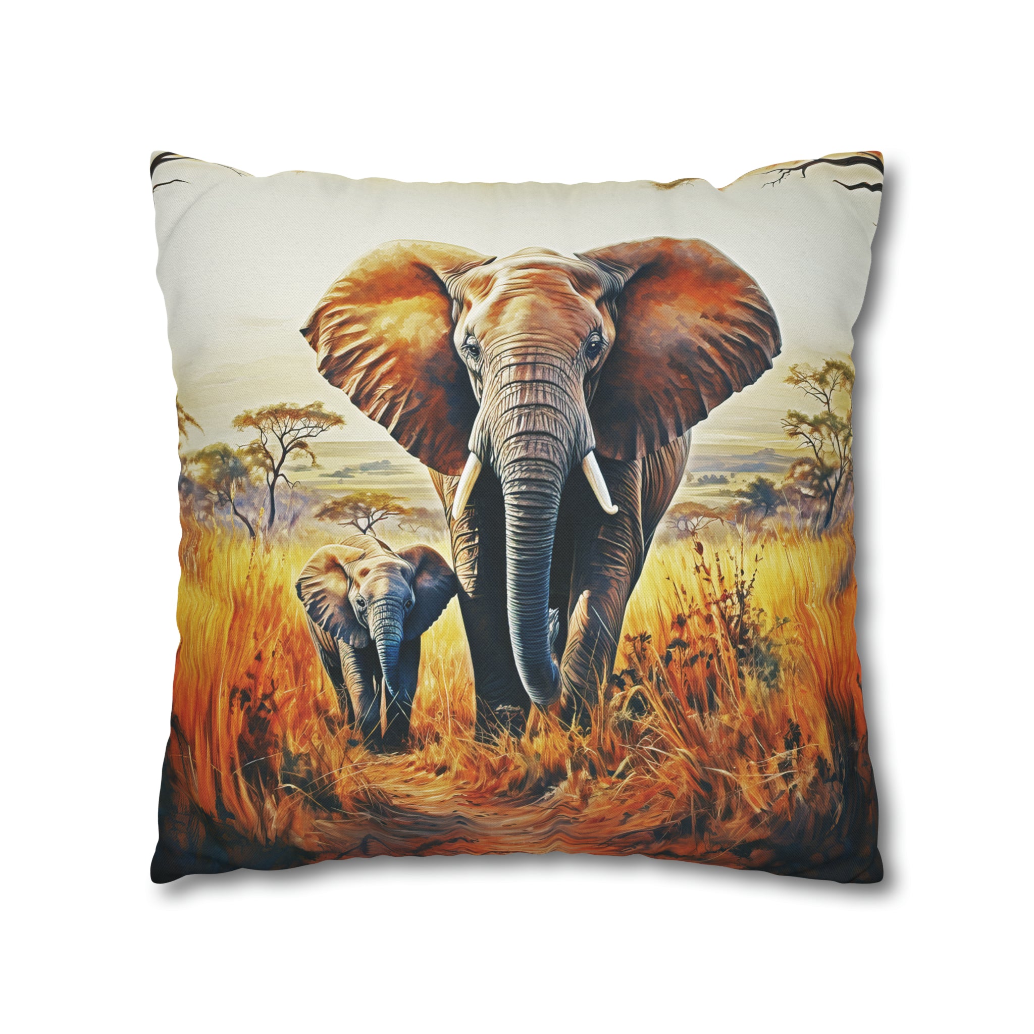 Square Pillow Case 18" x 18", CASE ONLY, no pillow form, original Art ,Colorful, a Mother Elephant and her Calf on the Plains of Africa