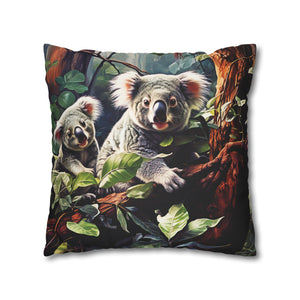 Square Pillow Case 18" x 18", CASE ONLY, no pillow form, original Art ,Colorful, Mother and Joey Koala on a Tree Branch in the Forest
