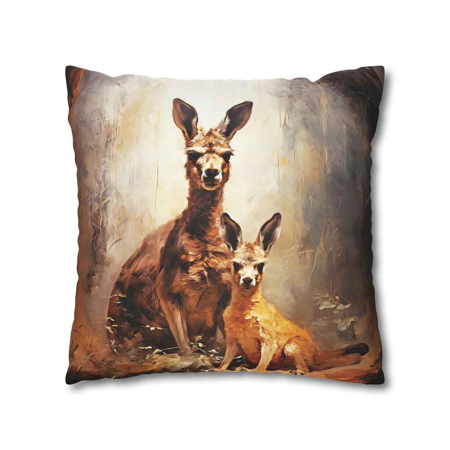 Square Pillow Case 18" x 18", CASE ONLY, no pillow form, original Art ,Colorful, A Mother Kangaroo with Her Joey in the Forest