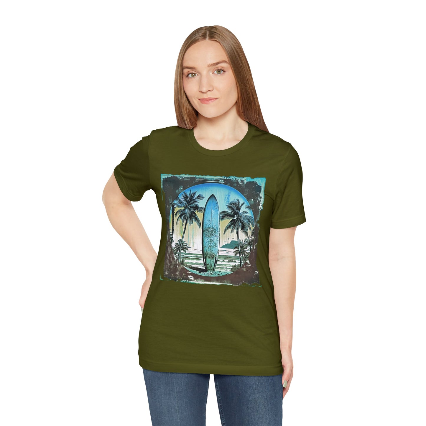 Blue board on the beach Unisex Jersey Short Sleeve Tee