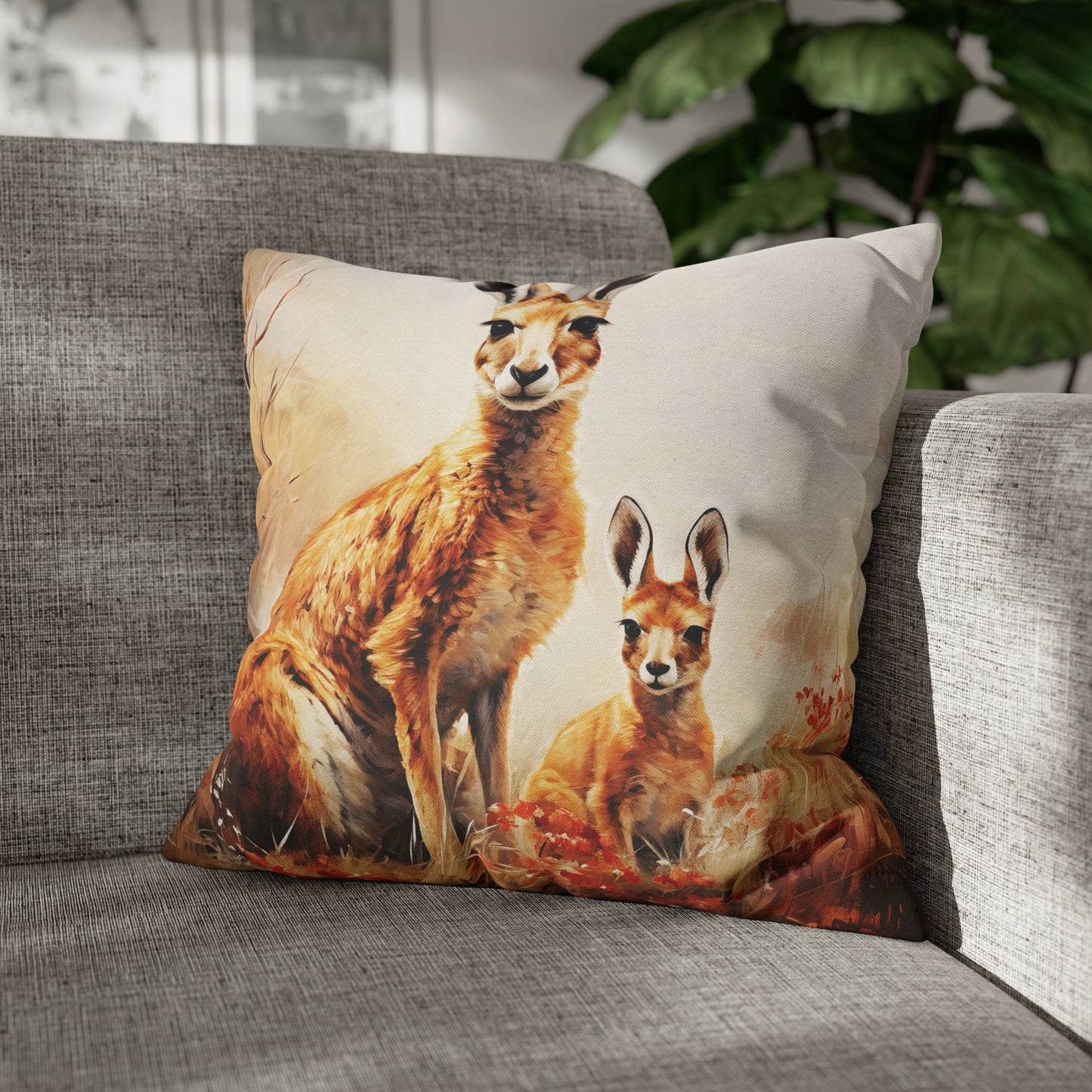 Square Pillow Case 18" x 18", CASE ONLY, no pillow form, original Art ,Colorful, a Mother and Joey in the Tall Golden Grass