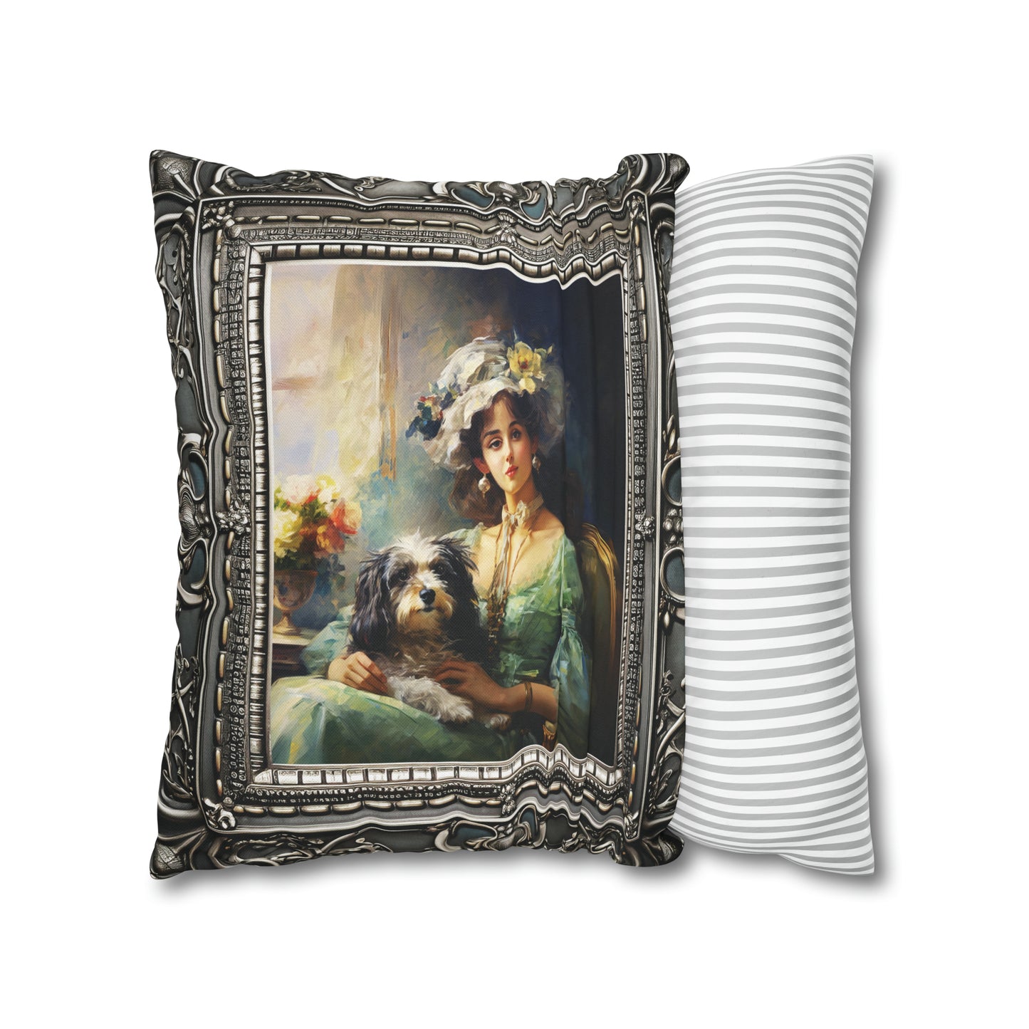 Square Pillow Case 18" x 18", CASE ONLY, no pillow form, original Art , a Painting of a Young Woman and her Dog in an Antique Frame