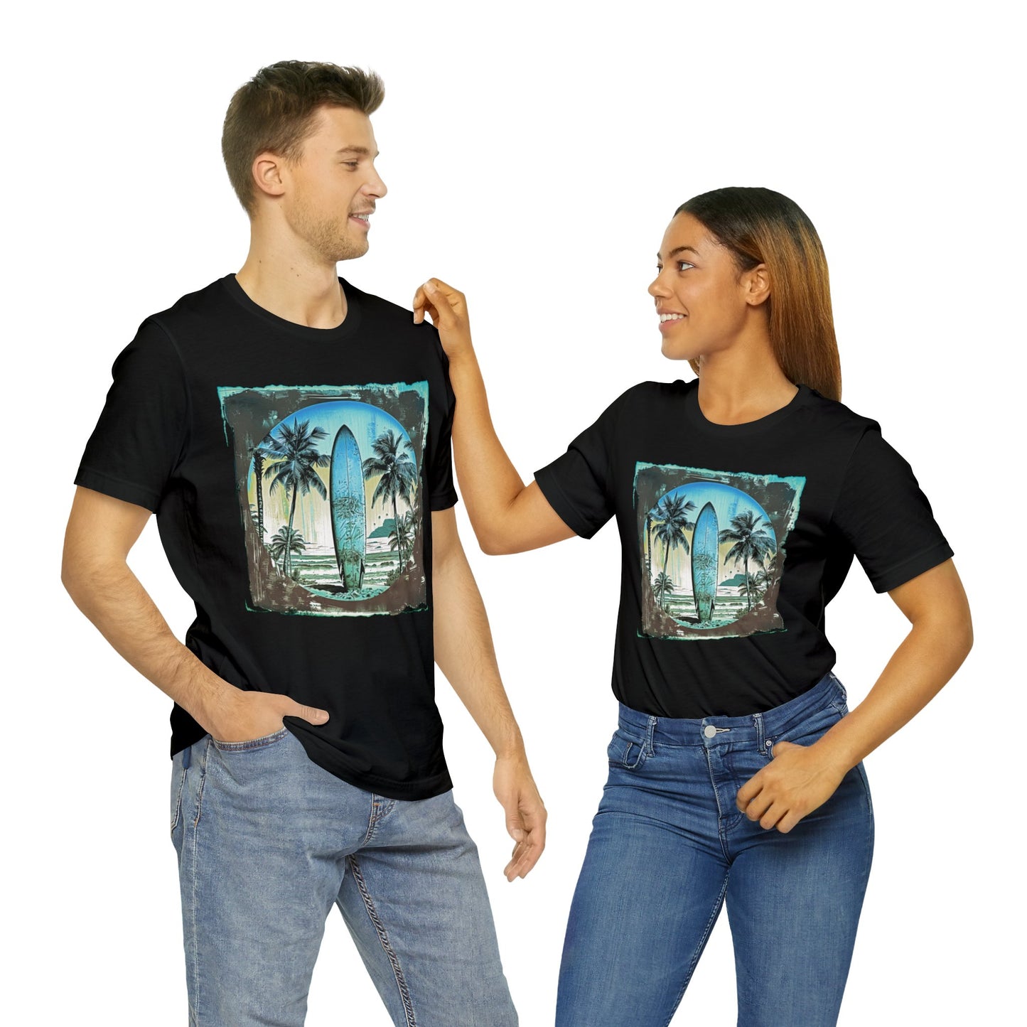Blue board on the beach Unisex Jersey Short Sleeve Tee
