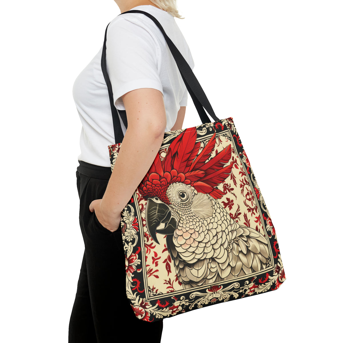 Canvas Tote Bag, vintage inspired cockatoo design, vibrant artistic accessory, whimsical all over print bag, three sizes