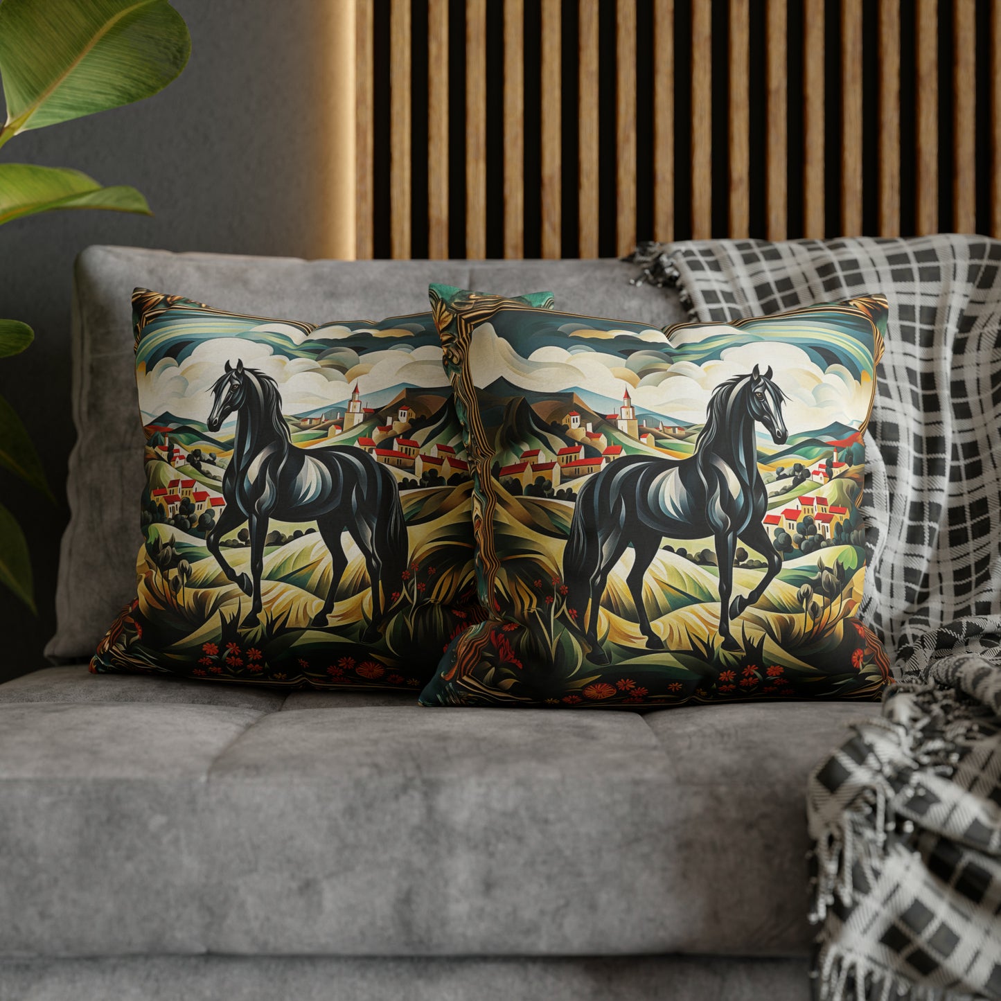 Square Pillow Case 18" x 18", CASE ONLY, no pillow form, original Art ,Colorful, Beautiful Black Stallion on a Spanish Landscape