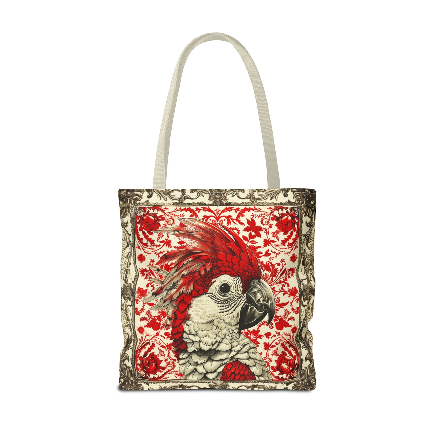 Canvas Tote Bag, vintage inspired bird design in red, vibrant artistic accessory, all over print bag