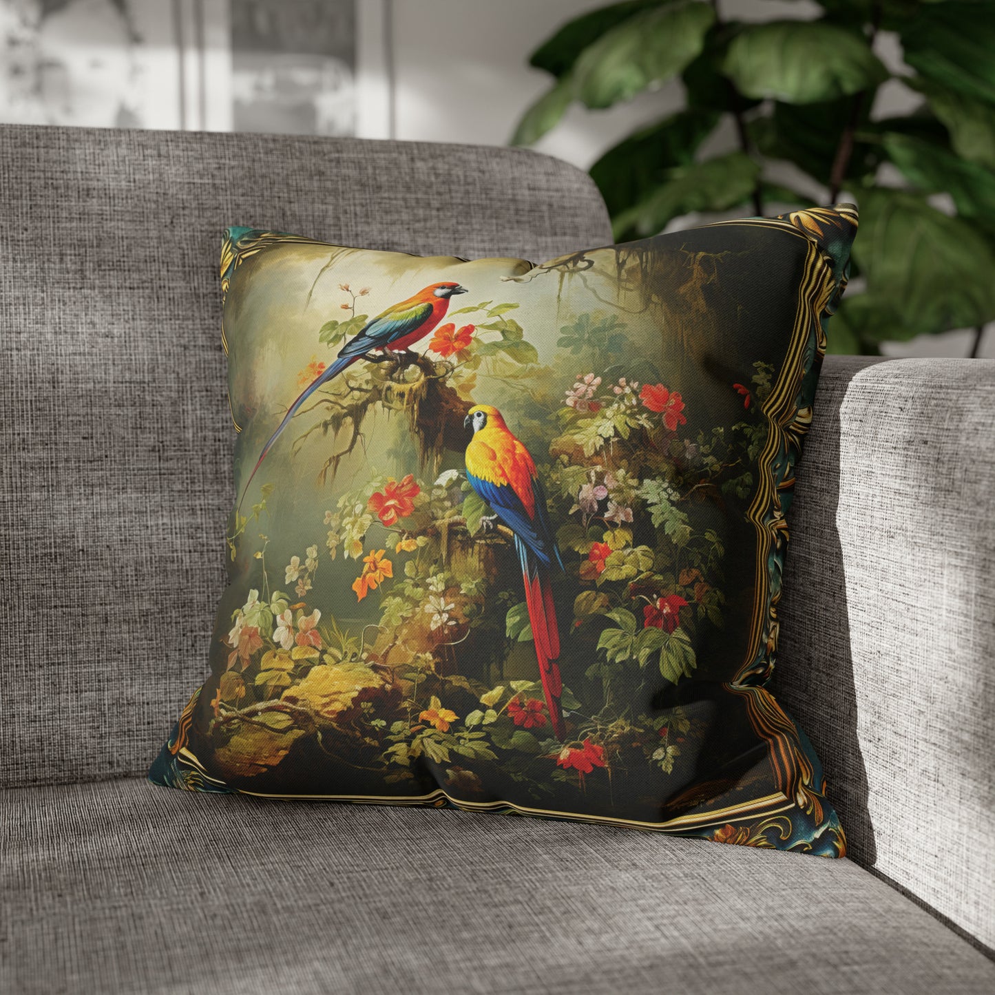 Square Pillow Case 18" x 18", CASE ONLY, no pillow form, original Art ,Two Colorful Tropical Birds on a Flowering Branch in the Forest