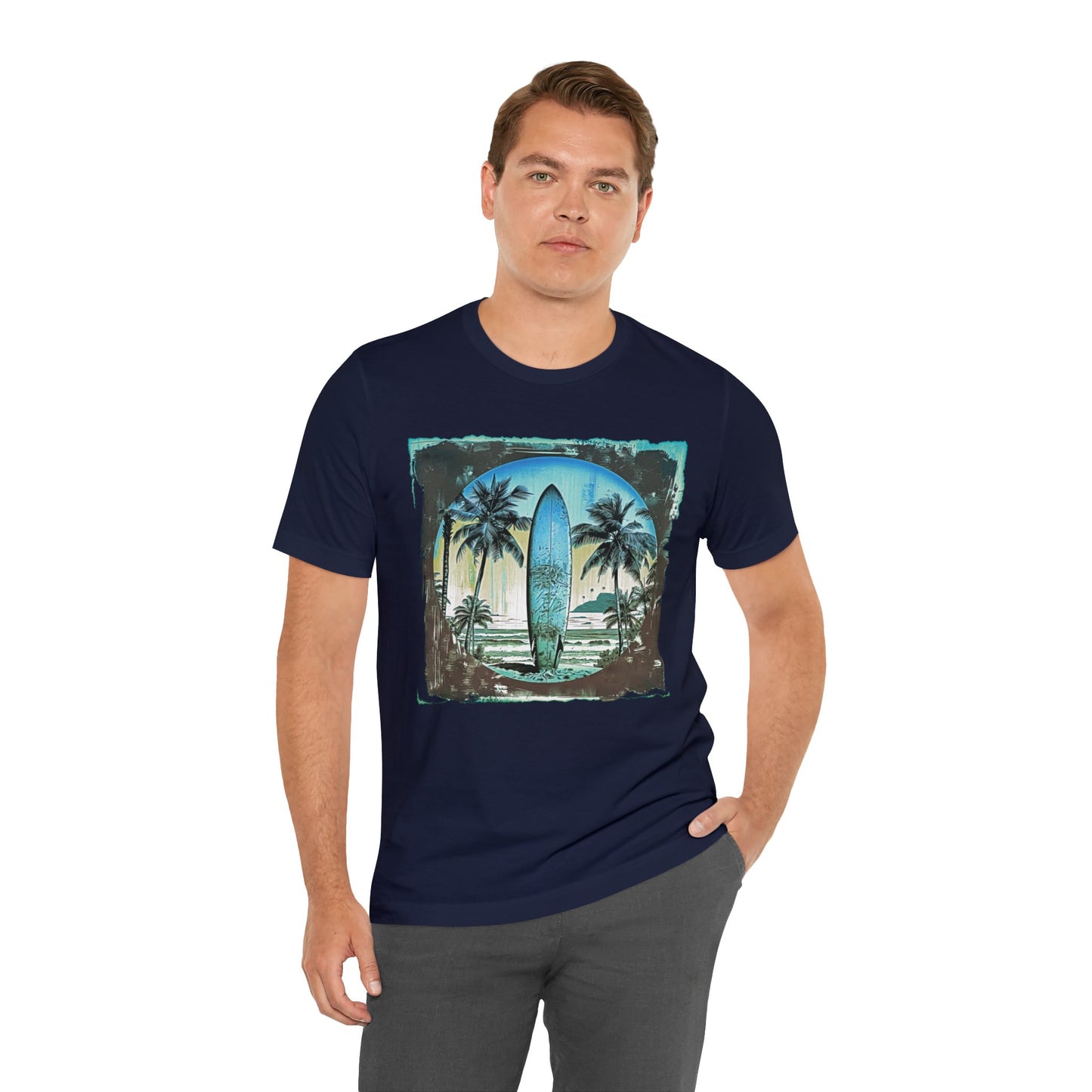 Blue board on the beach Unisex Jersey Short Sleeve Tee