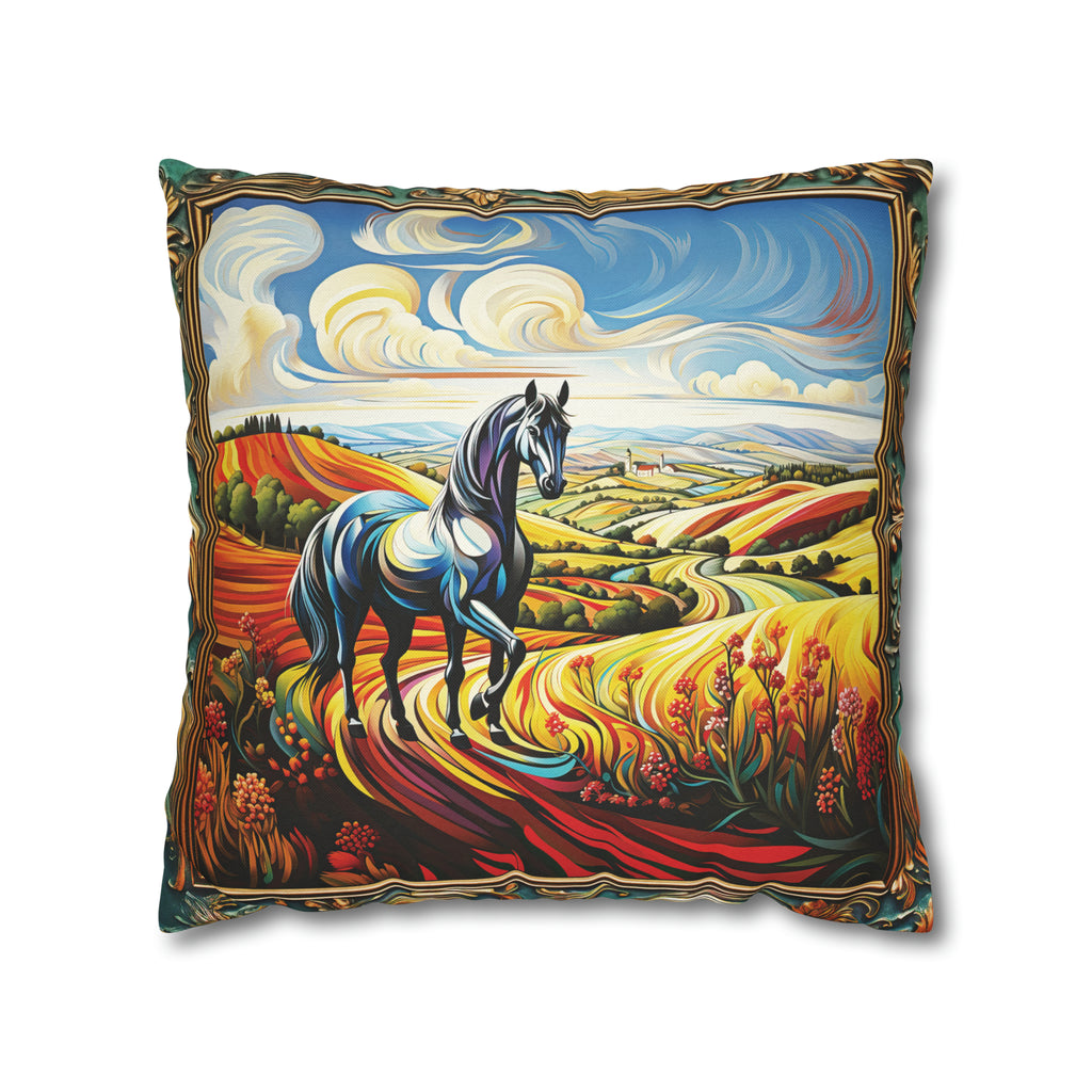 Square Pillow Case 18" x 18", CASE ONLY, no pillow form, original Art ,Colorful, Beautiful Horse on a Rainbow Landscape.