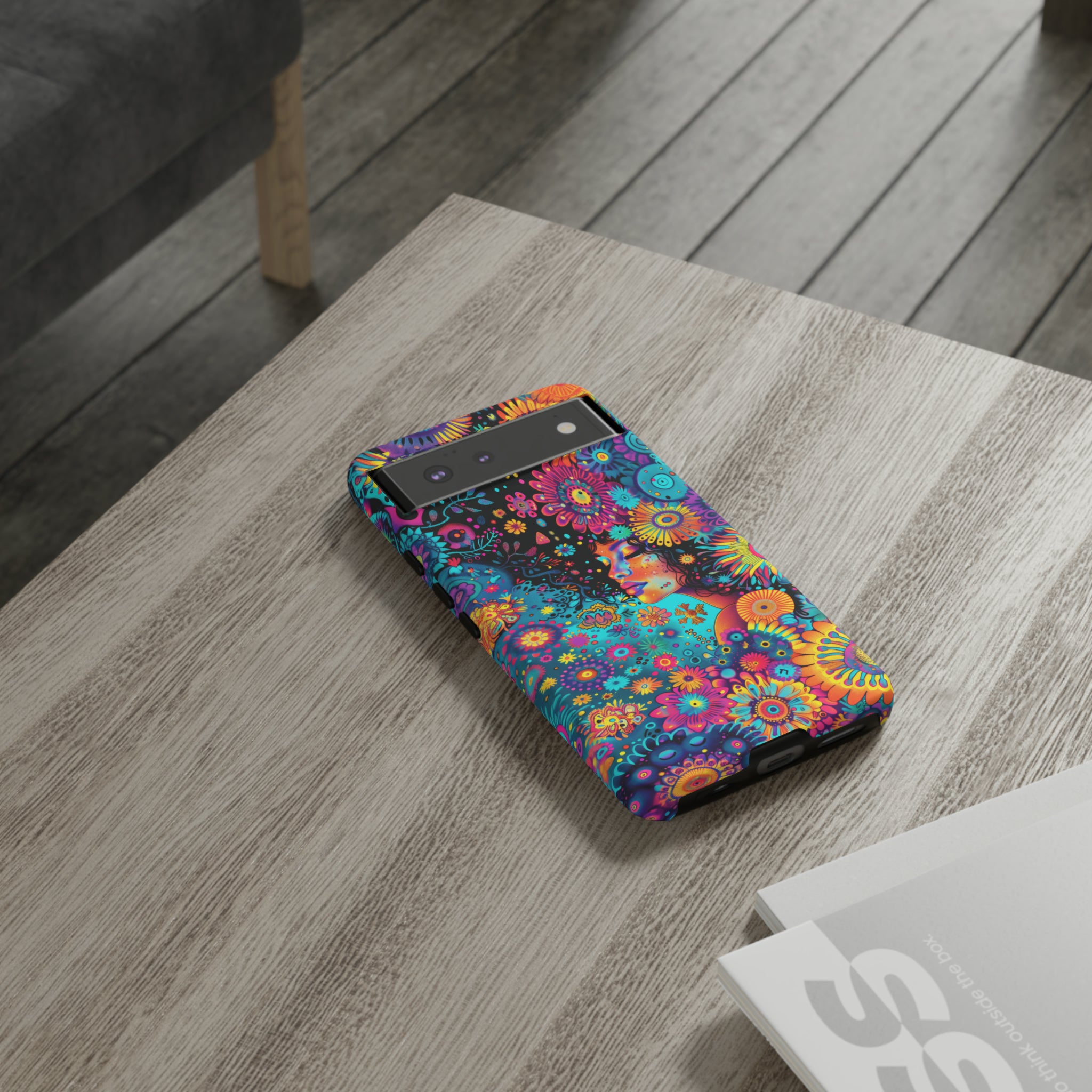 Phone Case, 1970's inspired flower girl, Artistic design, Tough Case, Colorful whimsical flower fantasy design, iPhone 15, 14, 13, 12, 11, Samsung, Pixel