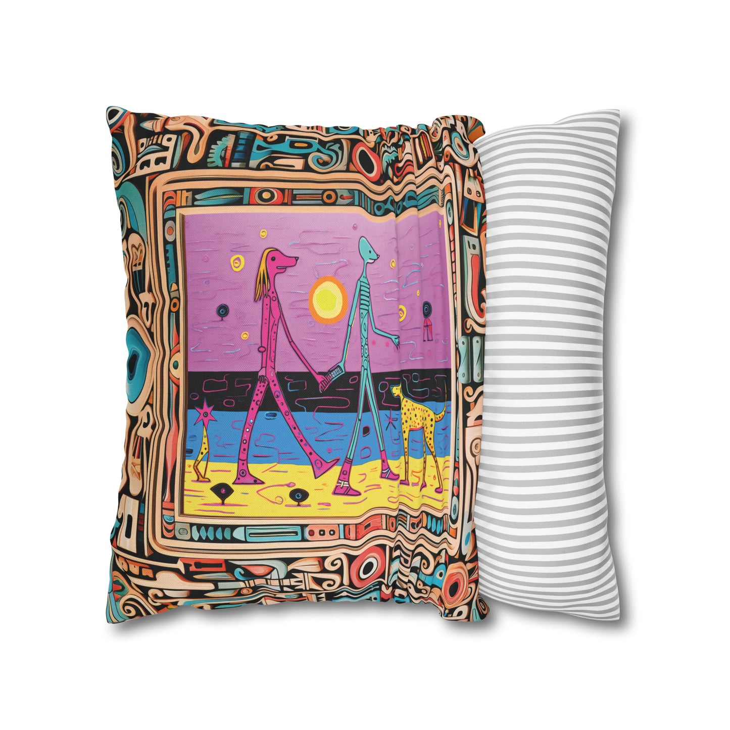 Square Pillow Case 18" x 18", CASE ONLY, no pillow form, original Pop Art Style, Alien Couple Walk their Dogs on the Beach in a Frame