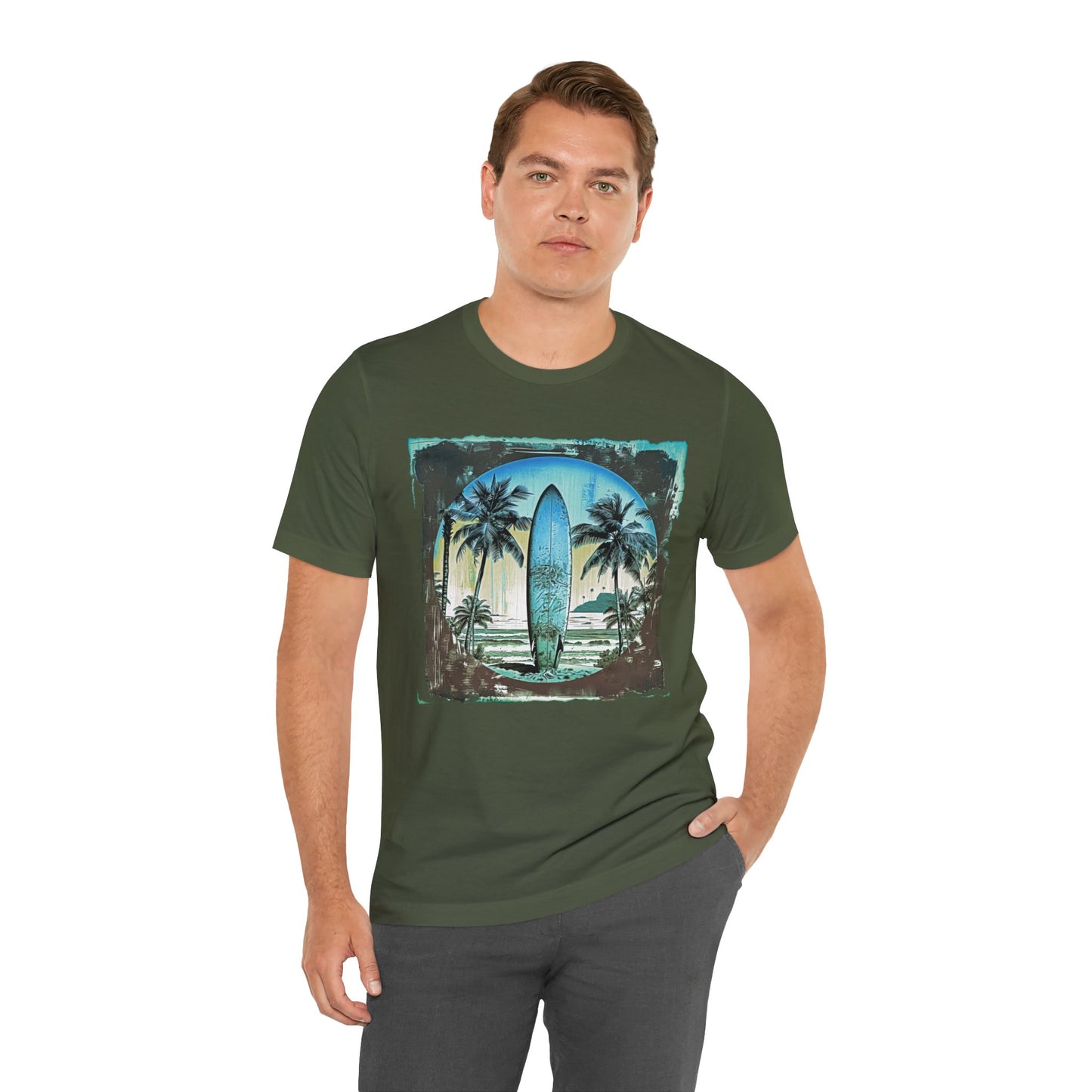 Blue board on the beach Unisex Jersey Short Sleeve Tee