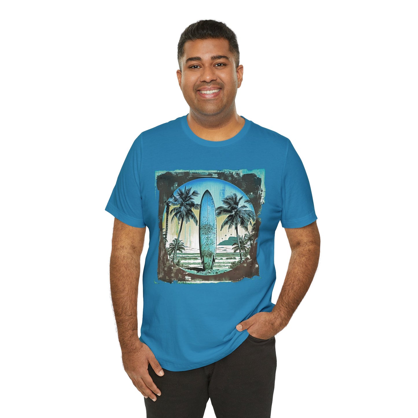 Blue board on the beach Unisex Jersey Short Sleeve Tee