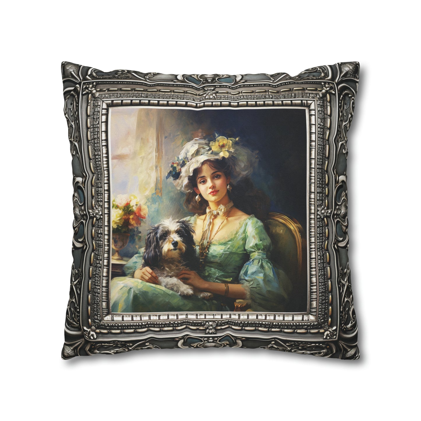 Square Pillow Case 18" x 18", CASE ONLY, no pillow form, original Art , a Painting of a Young Woman and her Dog in an Antique Frame