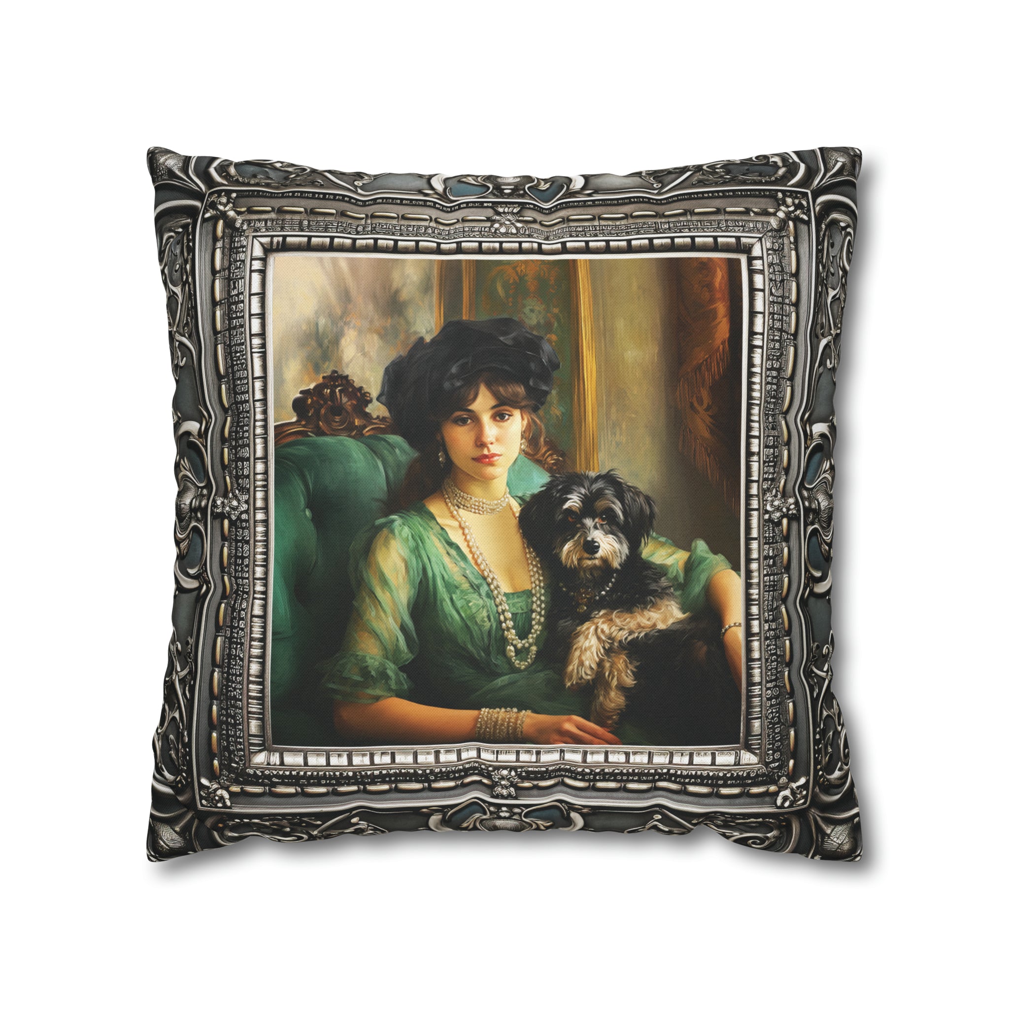 Square Pillow Case 18" x 18", CASE ONLY, no pillow form, original Art , a French Woman and her Dog in an Antique Frame