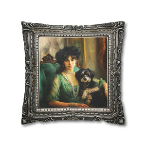 Square Pillow Case 18" x 18", CASE ONLY, no pillow form, original Art , a French Woman and her Dog in an Antique Frame