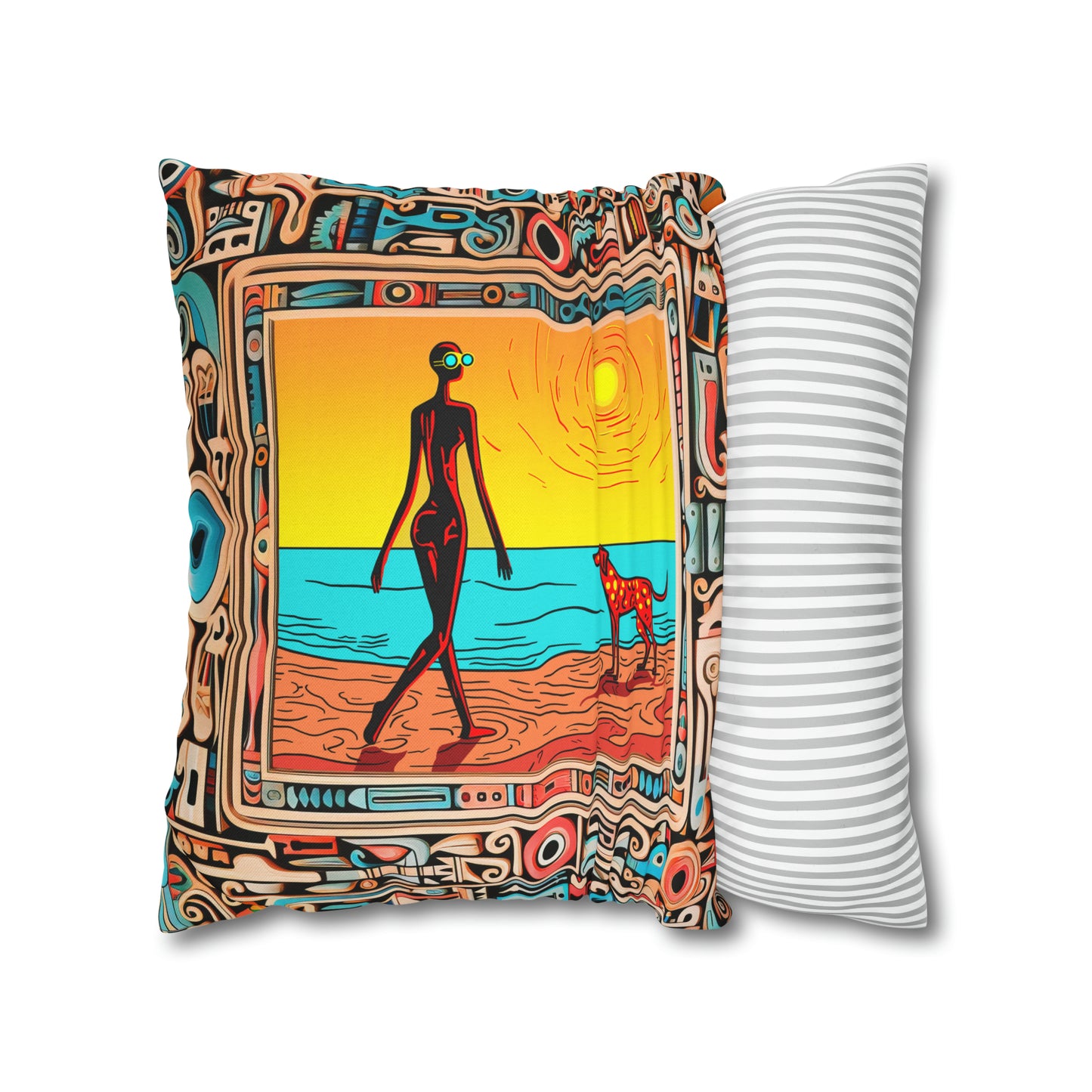 Square Pillow Case 18" x 18", CASE ONLY, no pillow form, original Pop Art Style, Alien & her Spotted Dog at the Beach, In a Frame