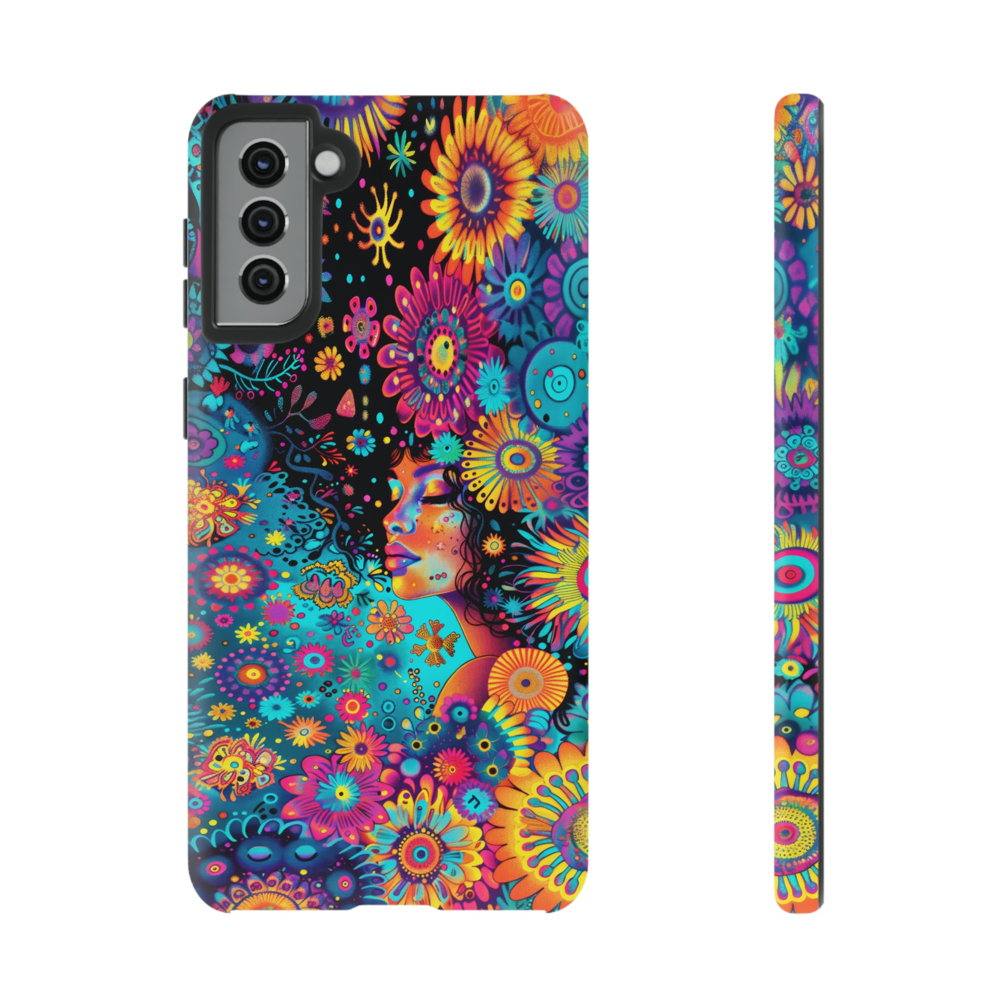 Phone Case, 1970's inspired flower girl, Artistic design, Tough Case, Colorful whimsical flower fantasy design, iPhone 15, 14, 13, 12, 11, Samsung, Pixel