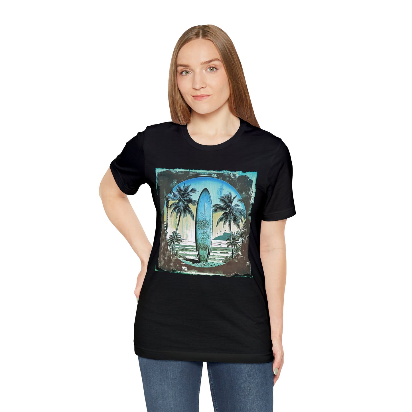 Blue board on the beach Unisex Jersey Short Sleeve Tee