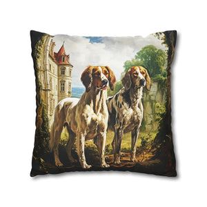 Square Pillow Case 18" x 18", CASE ONLY, no pillow form, original Art ,Colorful, Two Dogs at a French Chateau
