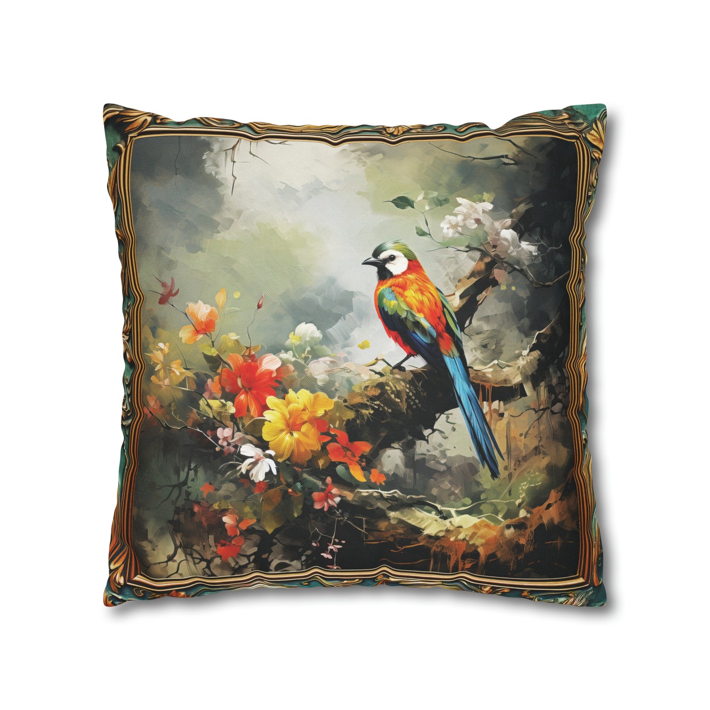 Square Pillow Case 18" x 18", CASE ONLY, no pillow form, original Art , a Colorful Green headed Bird on a Flowering Tree Branch