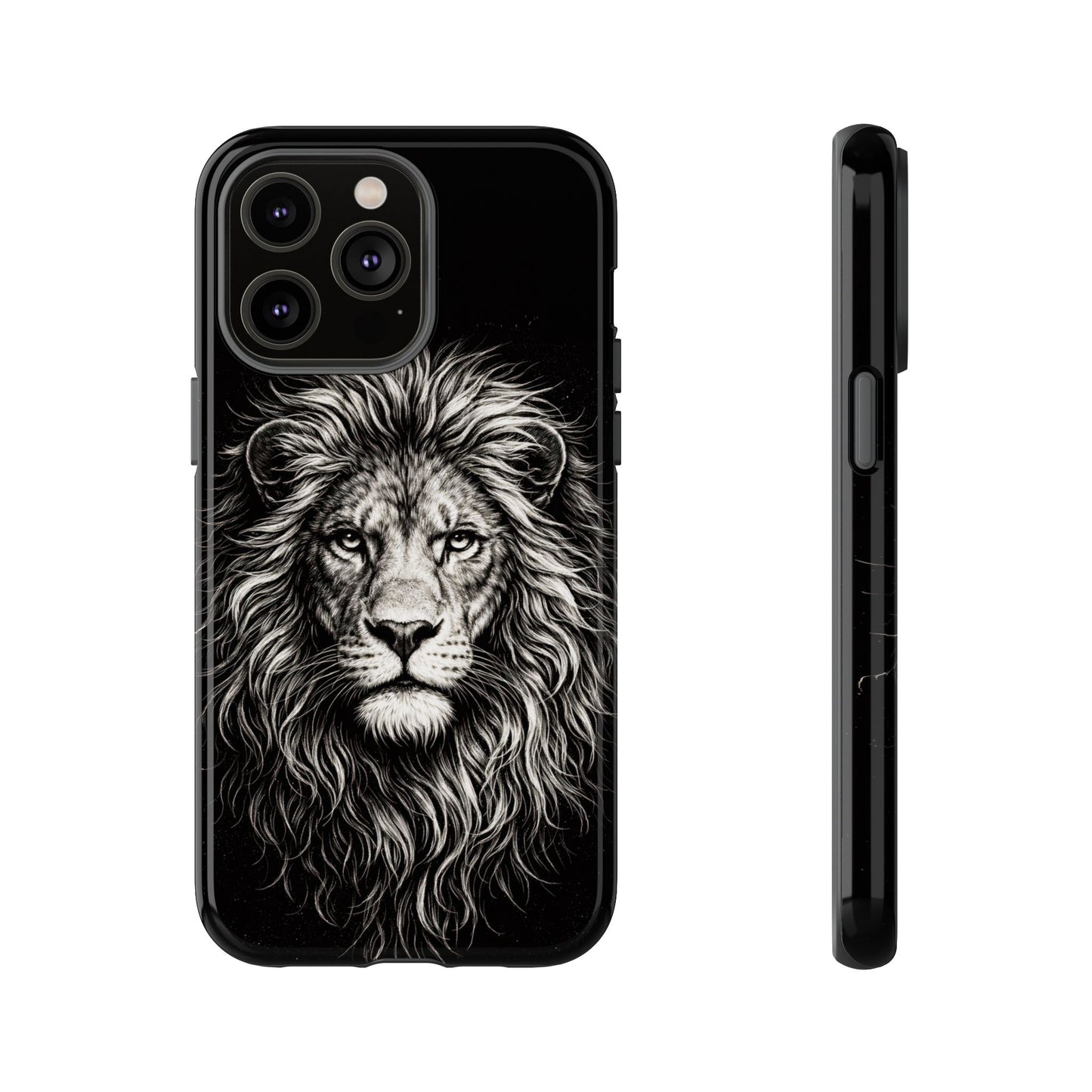 Lion Portrait Tough Phone Case — Protective Black Rugged Case with Detailed Lion Artwork