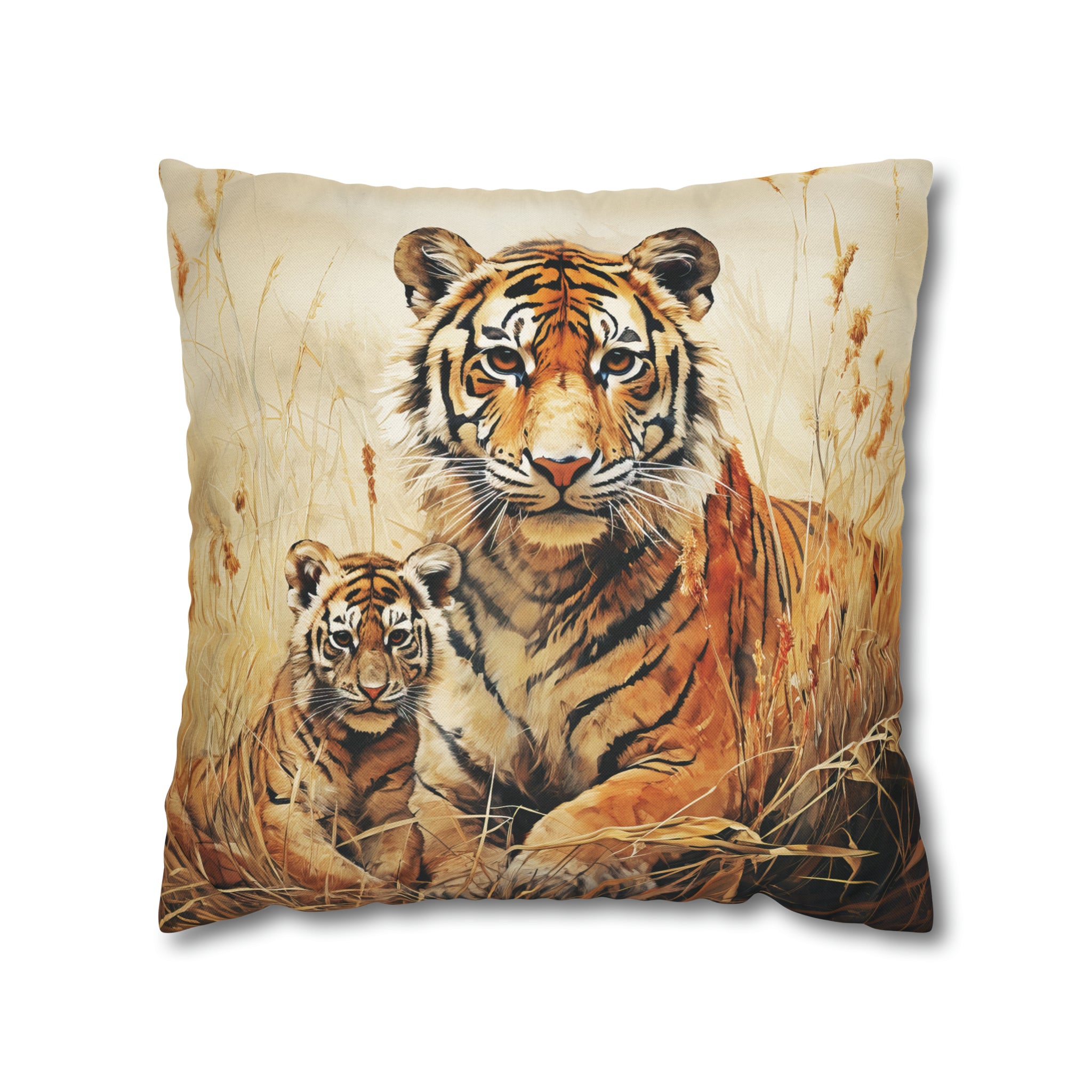 Square Pillow Case 18" x 18", CASE ONLY, no pillow form, original Art ,Colorful, A Mother Tiger and Her Cub in the African Scrub Grass