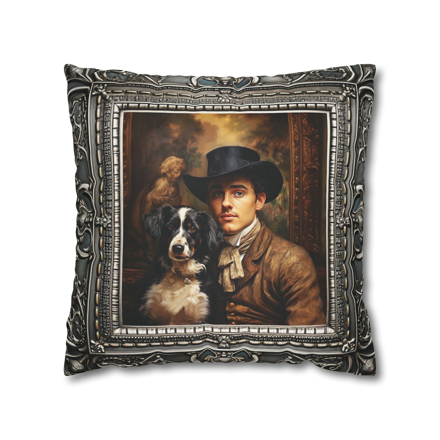 Square Pillow Case 18" x 18", CASE ONLY, no pillow form, original Art ,a Painting of a Spanish Royal and His Dog, Antique Frame