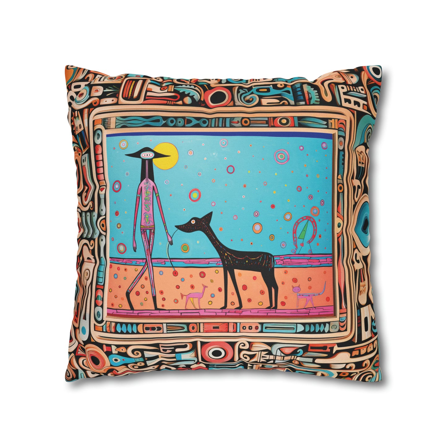 Square Pillow Case 18" x 18", CASE ONLY, no pillow form, original Pop Art Style, Alien Walking Her Dog, Image in a Frame
