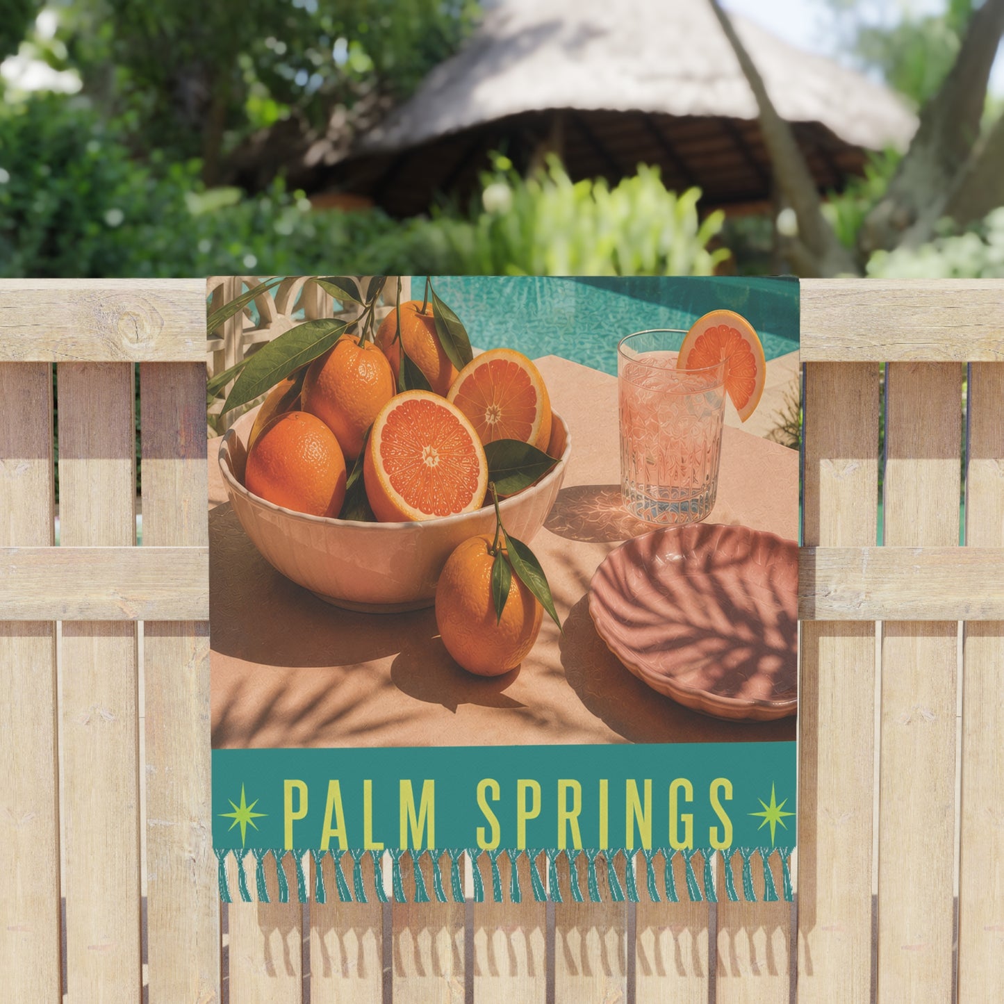 Palm Springs Boho Beach Towel — Retro Midcentury Poolside Orange Design